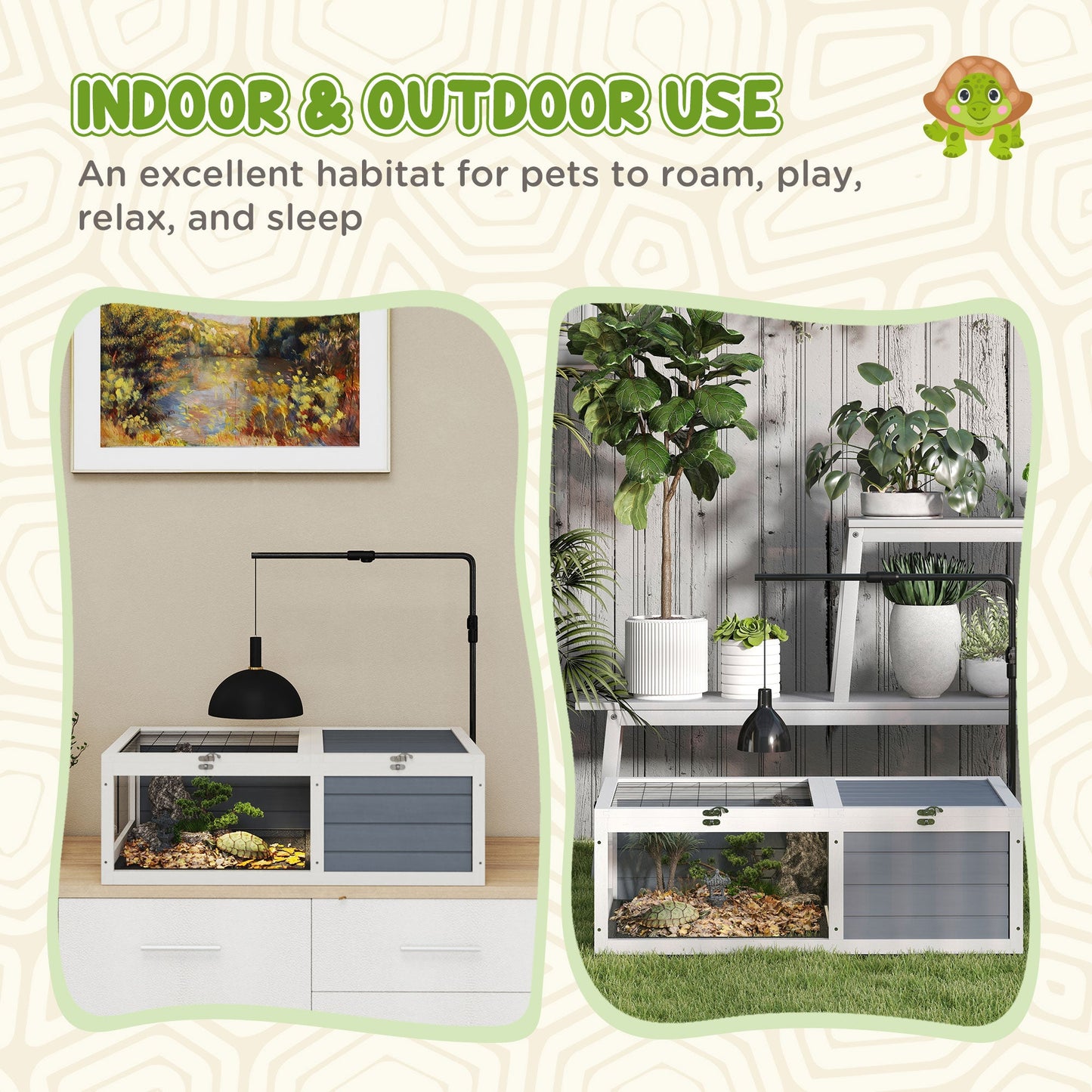 Tortoise House, Wooden Tortoise Table, Tortoise Enclosure with Adjustable Lamp Holder, Openable Lids, Pull-Out Trays - Grey