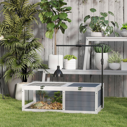 Tortoise House, Wooden Tortoise Table, Tortoise Enclosure with Adjustable Lamp Holder, Openable Lids, Pull-Out Trays - Grey
