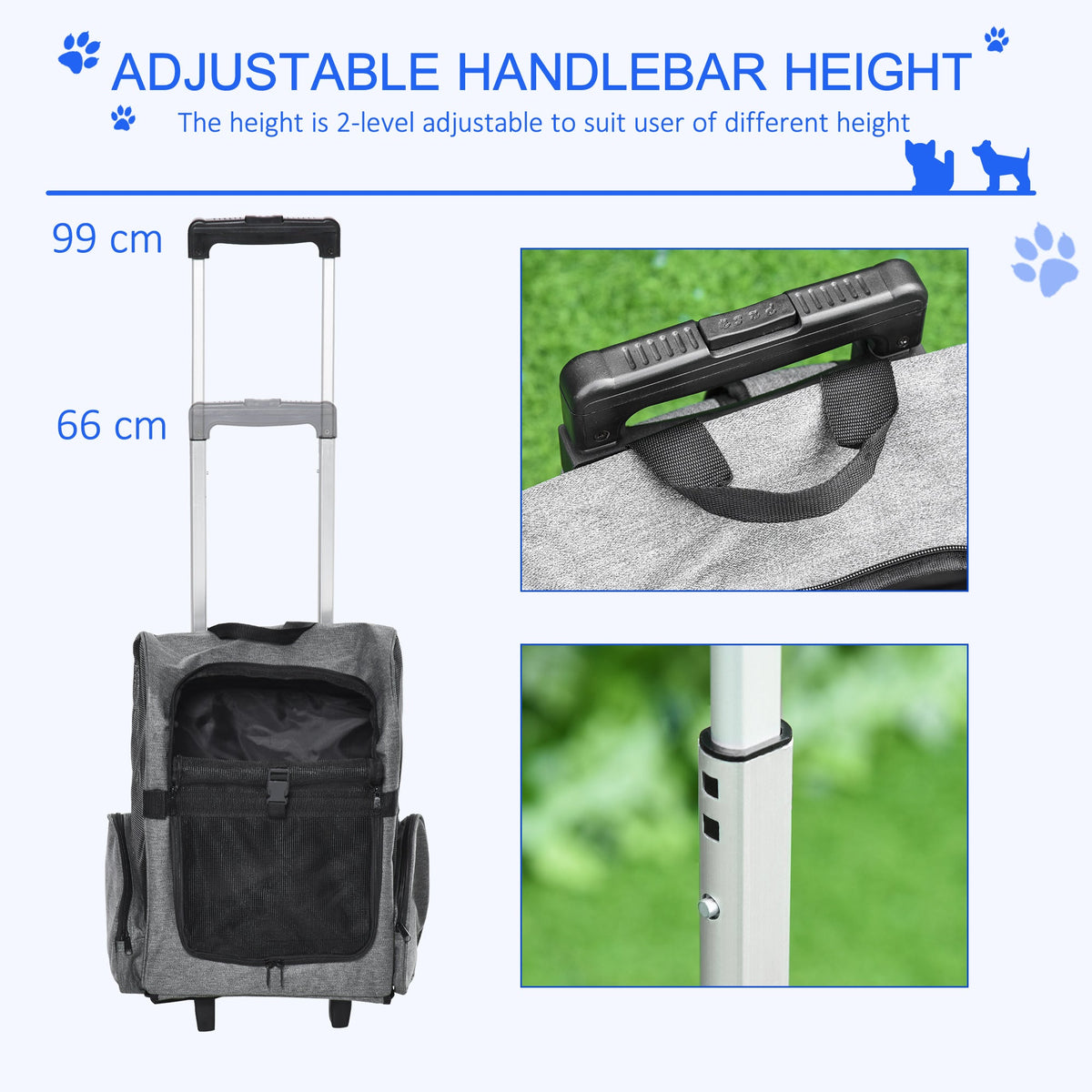 Pet Travel Backpack Bag Cat Puppy Dog Carrier w/ Trolley and Telescopic Handle Portable Stroller Wheel Luggage Bag (Grey)