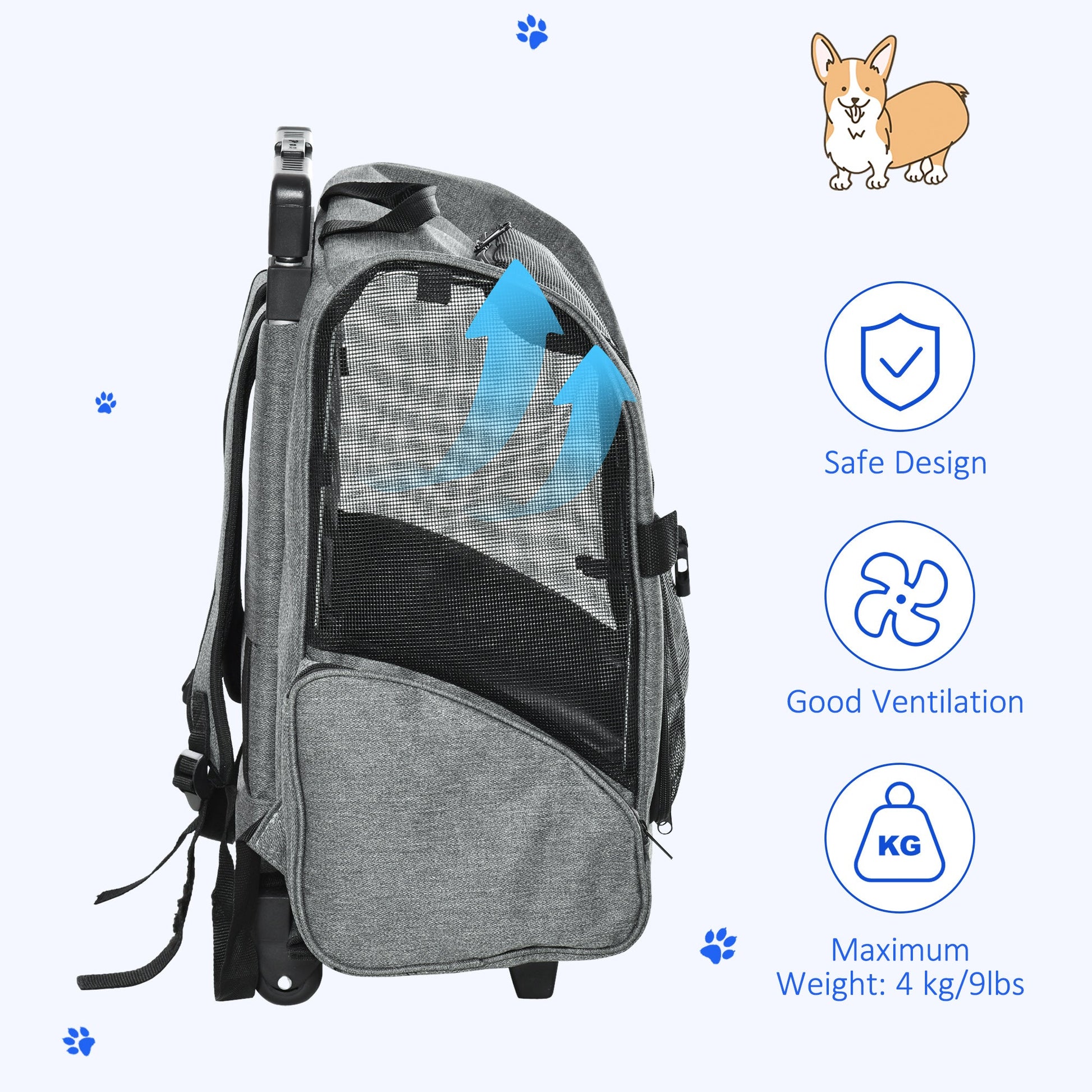 Pet Travel Backpack Bag Cat Puppy Dog Carrier w/ Trolley and Telescopic Handle Portable Stroller Wheel Luggage Bag (Grey)