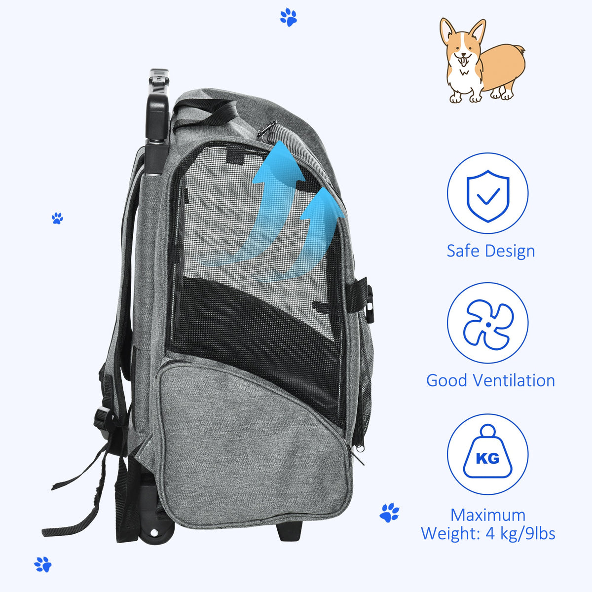 Pet Travel Backpack Bag Cat Puppy Dog Carrier w/ Trolley and Telescopic Handle Portable Stroller Wheel Luggage Bag (Grey)