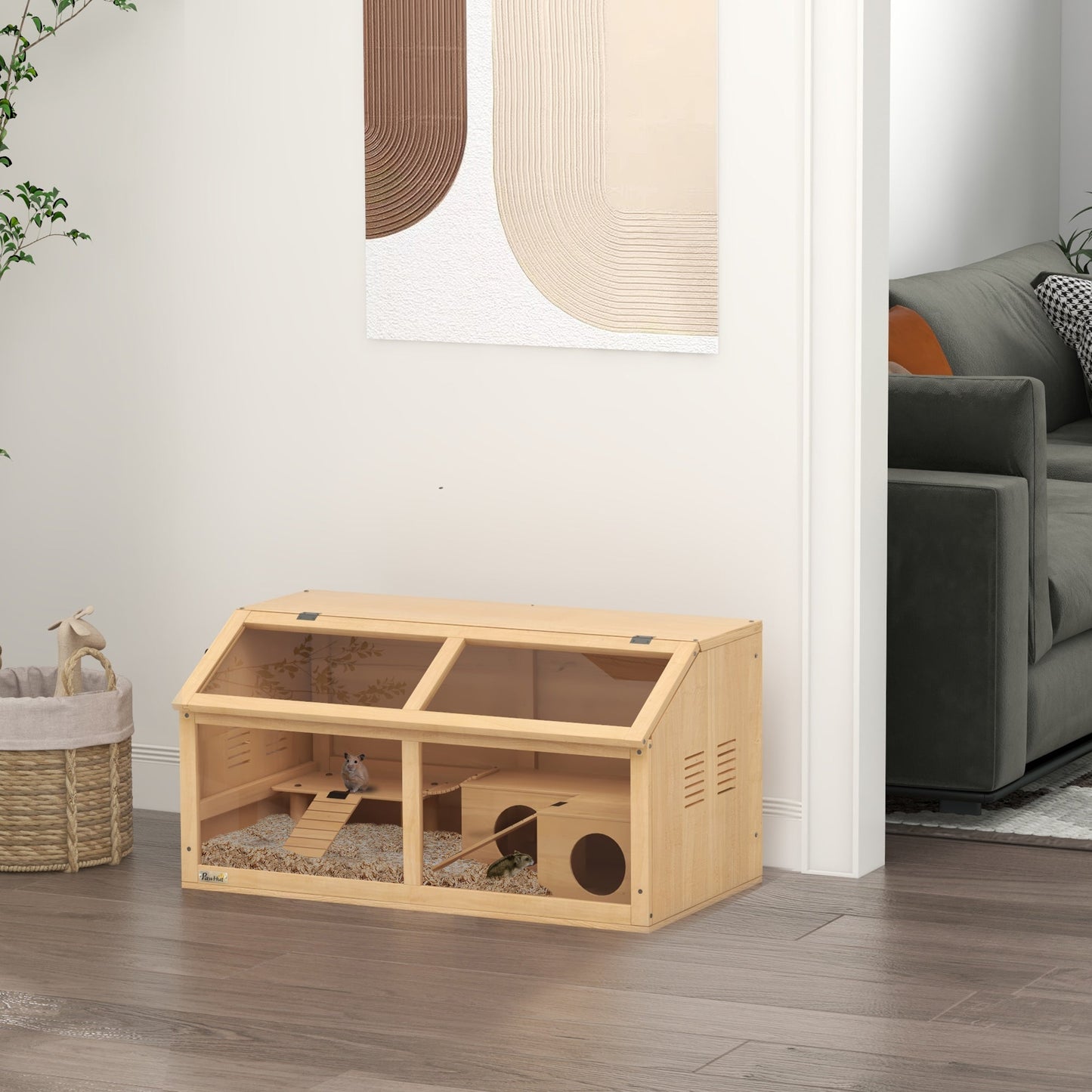 Wooden Hamster Cage, Gerbil Cage for Syrian Hamster with Exercise Play House, Openable Top 85 x 45 x 44cm - Nature