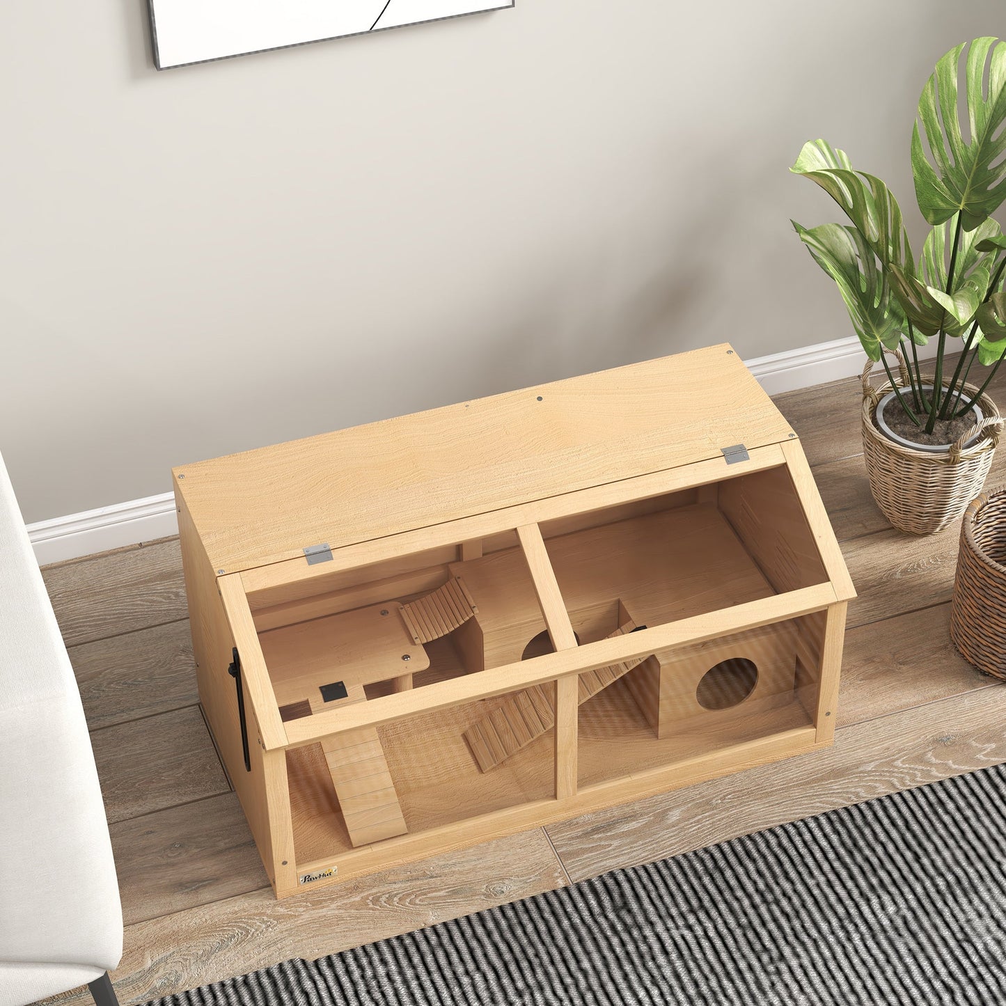 Wooden Hamster Cage, Gerbil Cage for Syrian Hamster with Exercise Play House, Openable Top 85 x 45 x 44cm - Nature