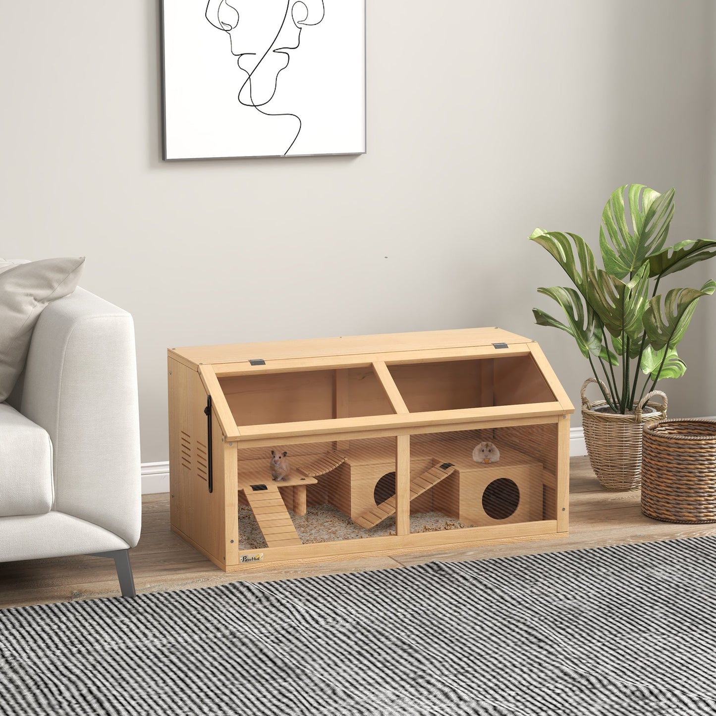Wooden Hamster Cage, Gerbil Cage for Syrian Hamster with Exercise Play House, Openable Top 85 x 45 x 44cm - Nature