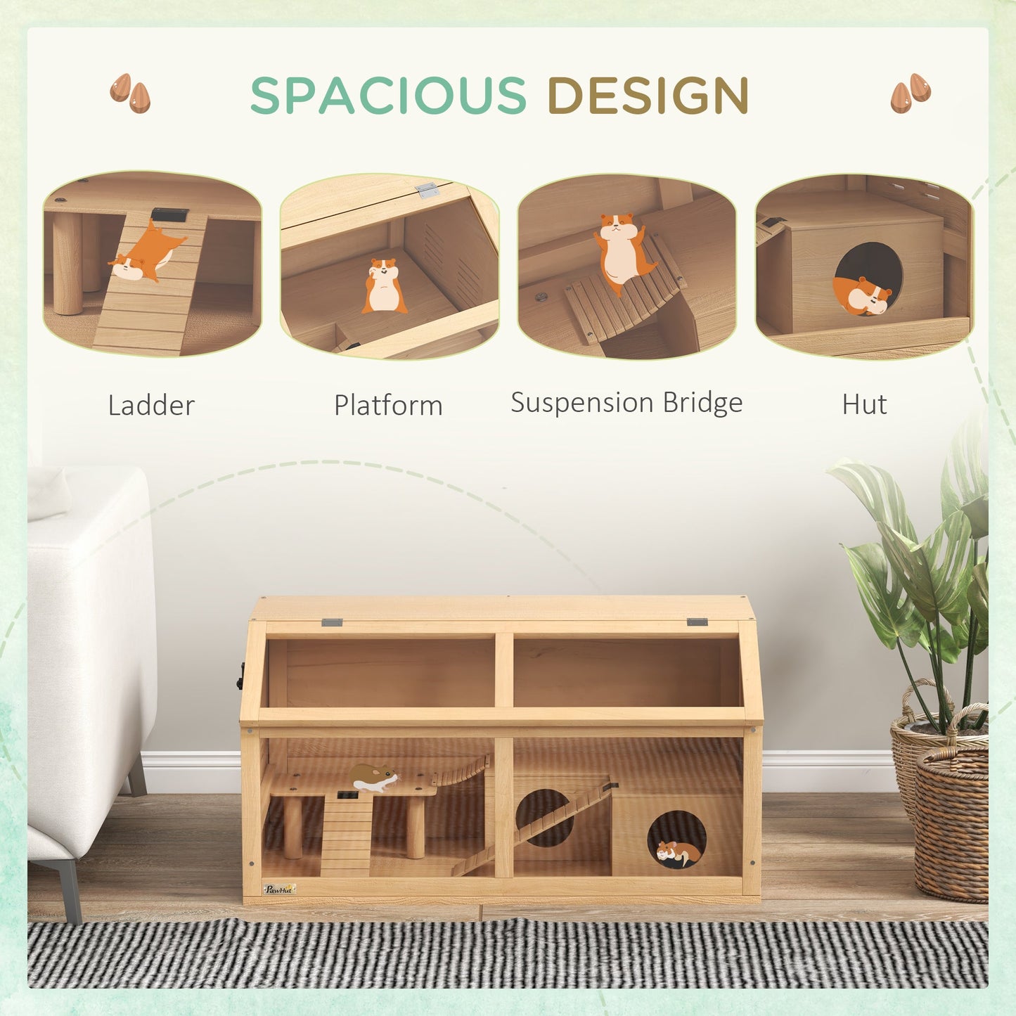 Wooden Hamster Cage, Gerbil Cage for Syrian Hamster with Exercise Play House, Openable Top 85 x 45 x 44cm - Nature