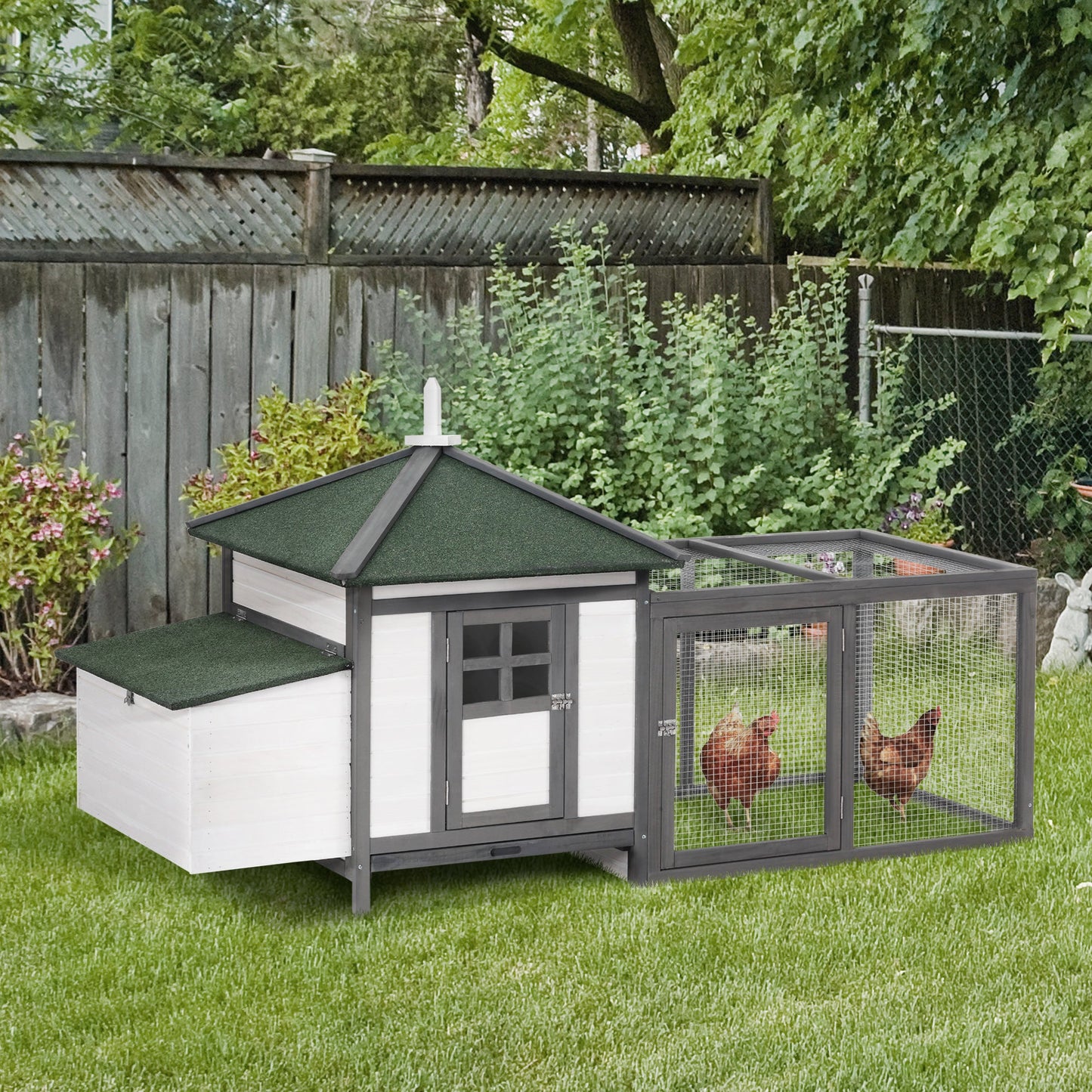 Chicken Coop with Chicken Run, Outdoor Hen House Poultry Cage with Nesting Box, Openable Top, 196 x 76 x 97cm, Grey