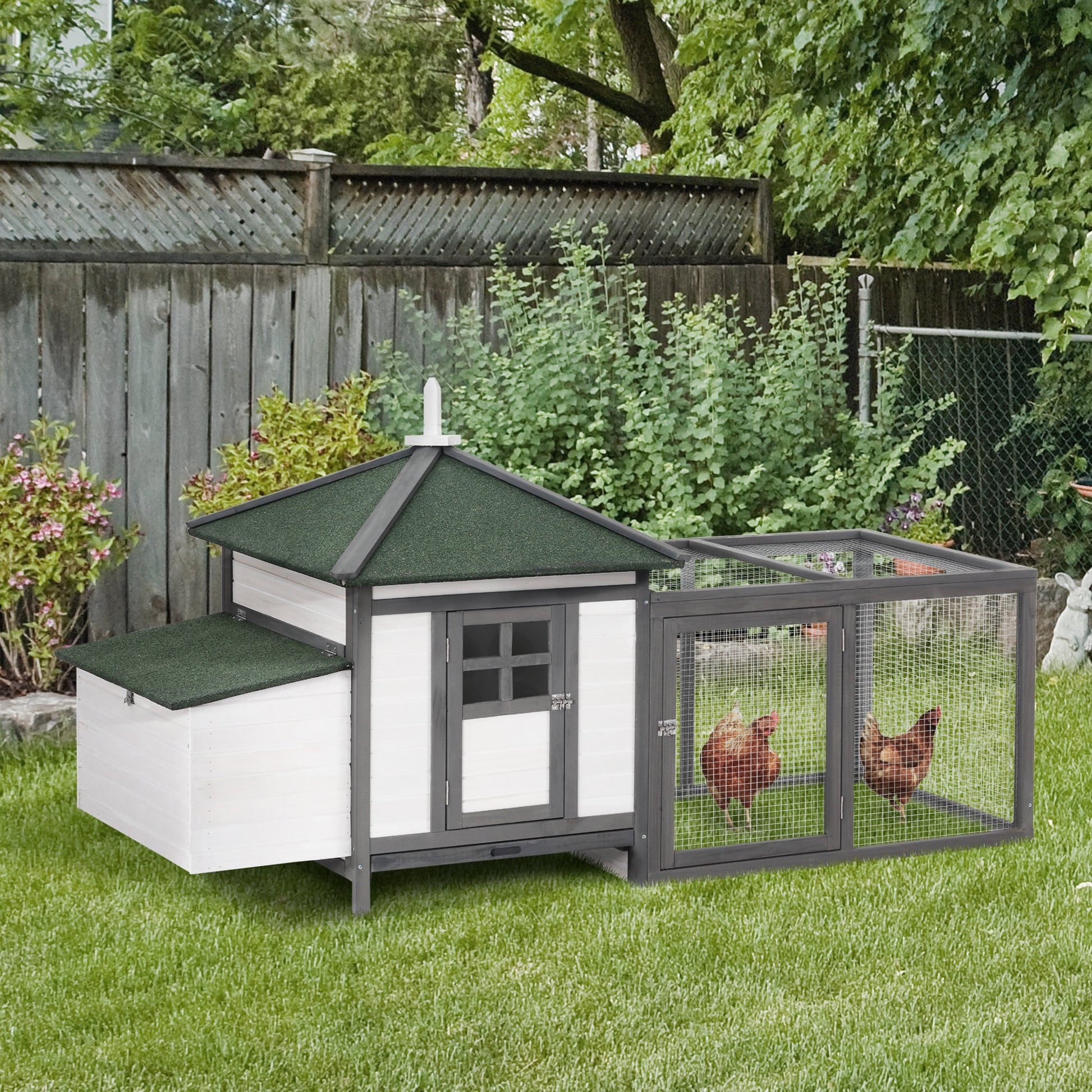 Chicken Coop with Chicken Run, Outdoor Hen House Poultry Cage with Nesting Box, Openable Top, 196 x 76 x 97cm, Grey