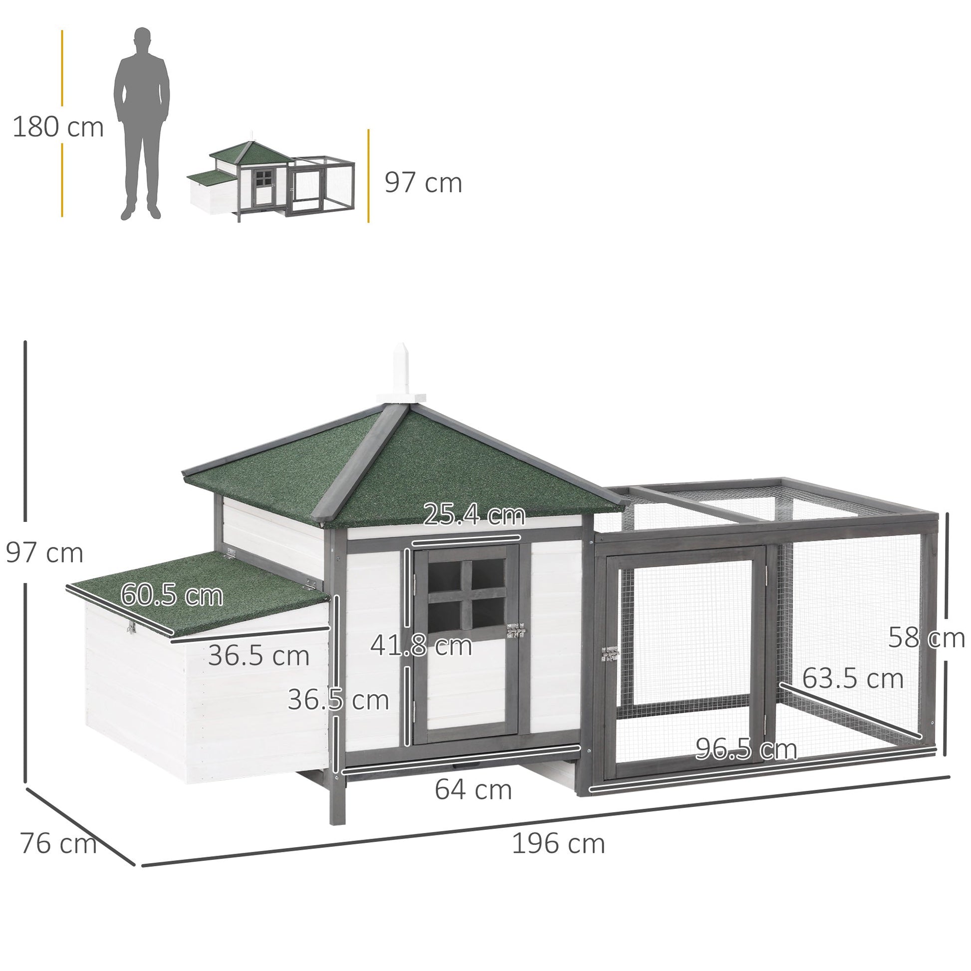 Chicken Coop with Chicken Run, Outdoor Hen House Poultry Cage with Nesting Box, Openable Top, 196 x 76 x 97cm, Grey