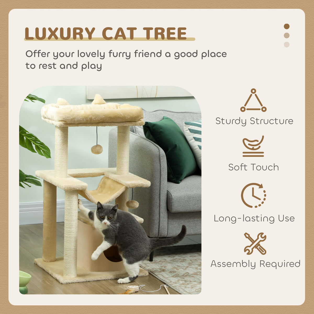 Cat Tree, 90cm Cat Tower with Sisal Scratching Posts, Cat Condo, Hammock, Top Perch and 2 Hanging Toys for Indoor Cats, Beige