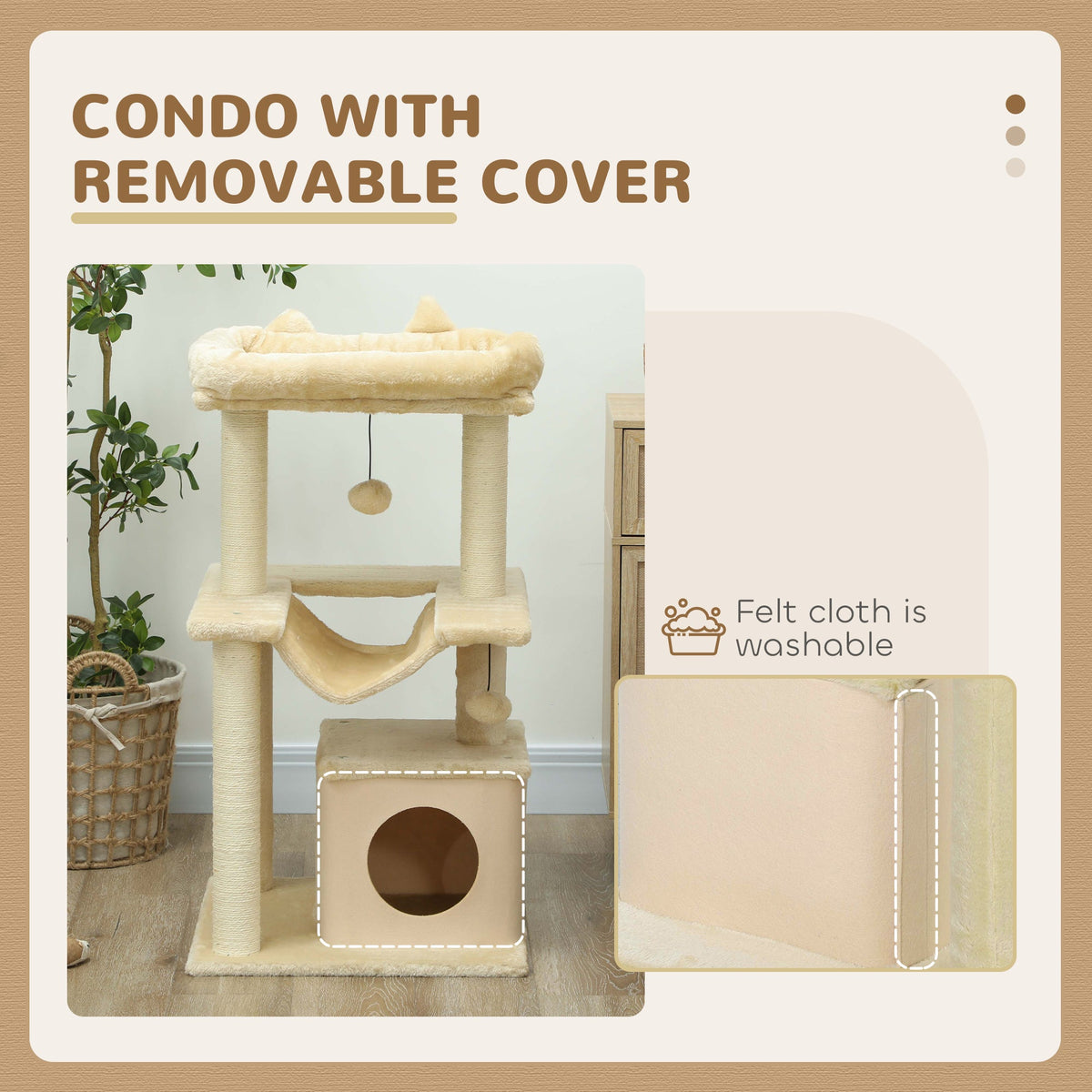 Cat Tree, 90cm Cat Tower with Sisal Scratching Posts, Cat Condo, Hammock, Top Perch and 2 Hanging Toys for Indoor Cats, Beige