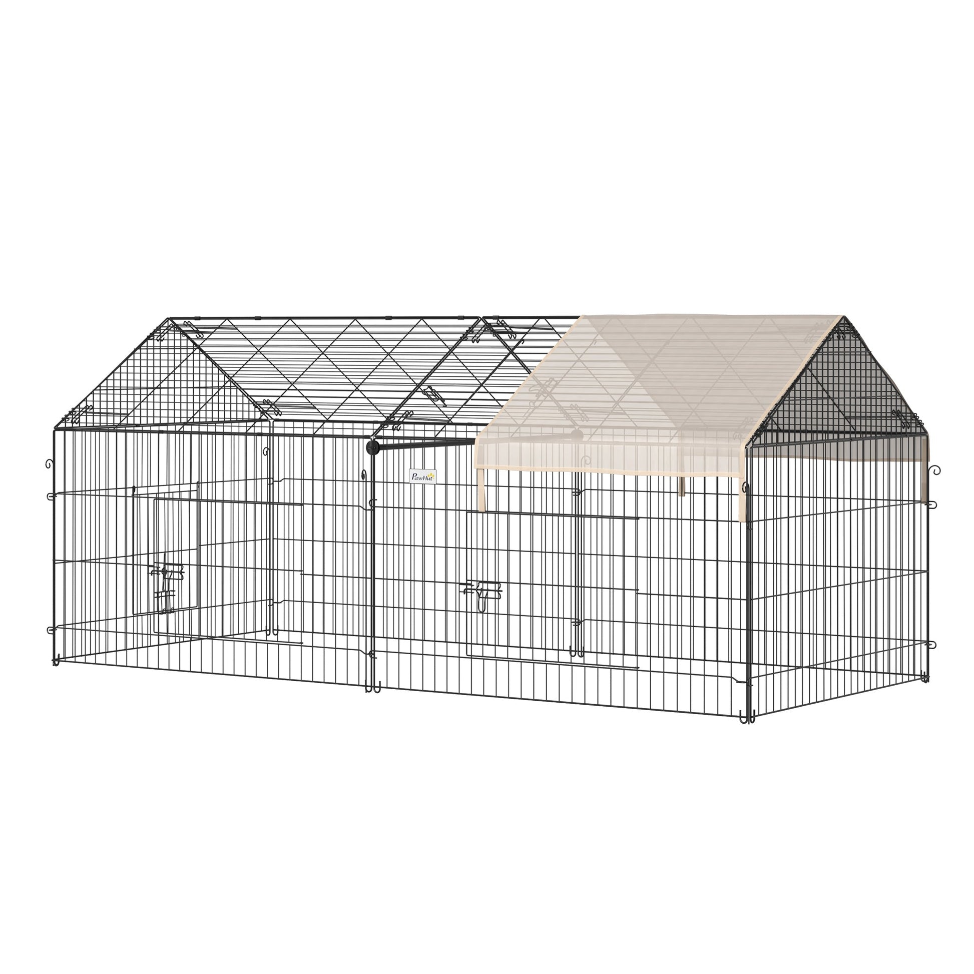 Rabbit Run Playpen, Guinea Pig Cage with Pitched Roof, Sun Protection Cover, 220 x 103 x 103 cm, Metal Enclosure for Small Animals, Chickens, Ferrets, Beige