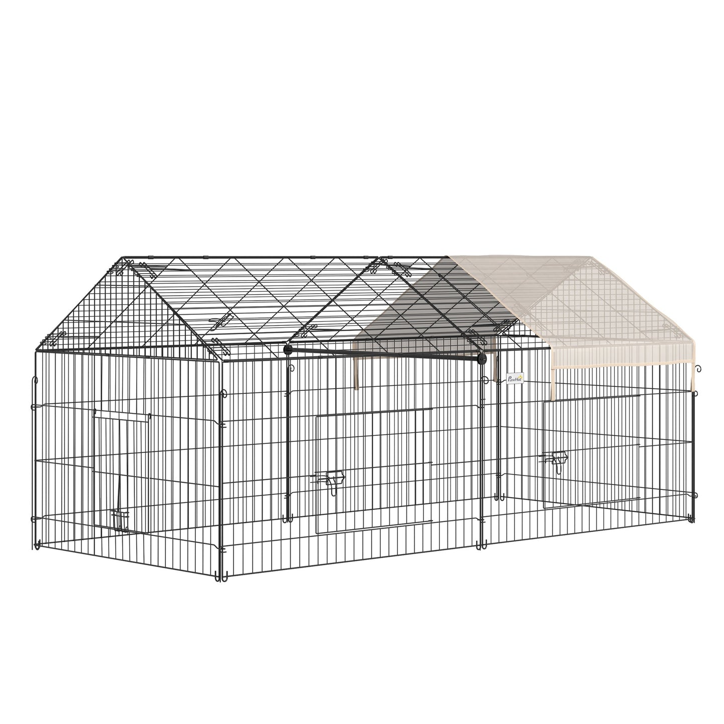Rabbit Run Playpen, Guinea Pig Cage with Pitched Roof, Sun Protection Cover, 220 x 103 x 103 cm, Metal Enclosure for Small Animals, Chickens, Ferrets, Beige