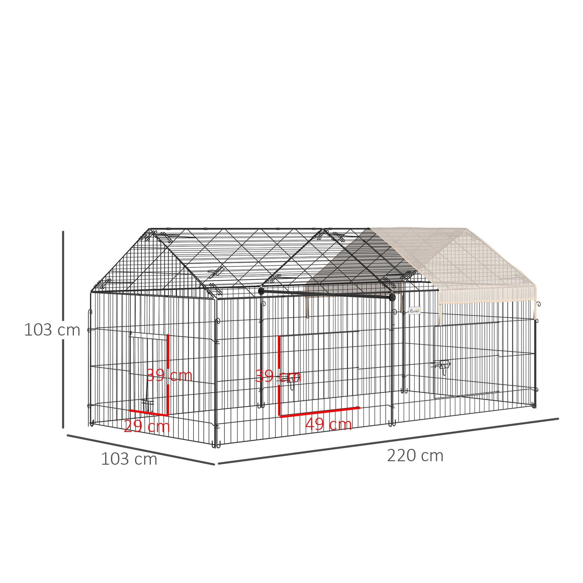 Rabbit Run Playpen, Guinea Pig Cage with Pitched Roof, Sun Protection Cover, 220 x 103 x 103 cm, Metal Enclosure for Small Animals, Chickens, Ferrets, Beige