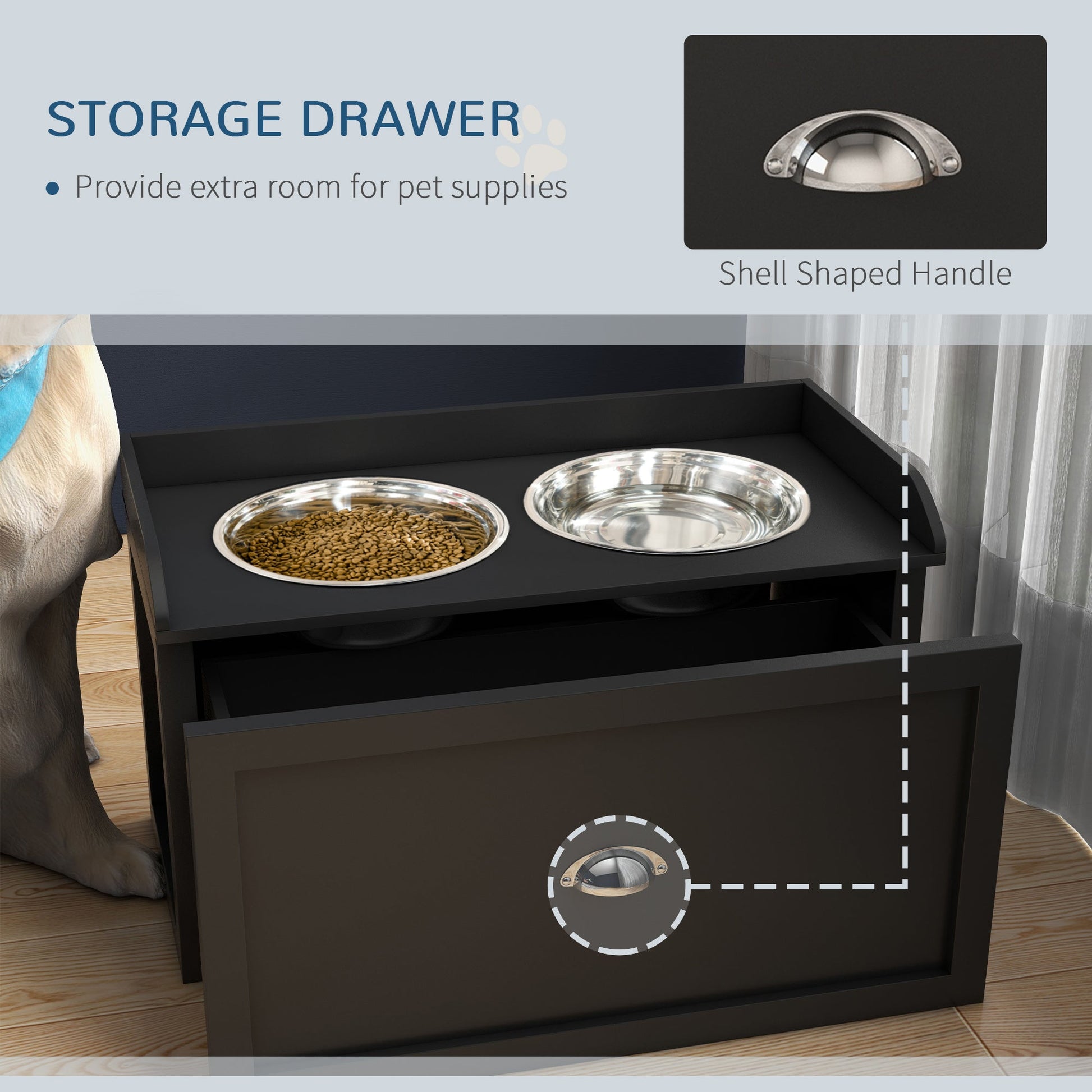 Stainless Steel Raised Dog Bowls, Double Dog Food and Water Bowl w/ 21L Storage Drawer, for Large Dogs - Black