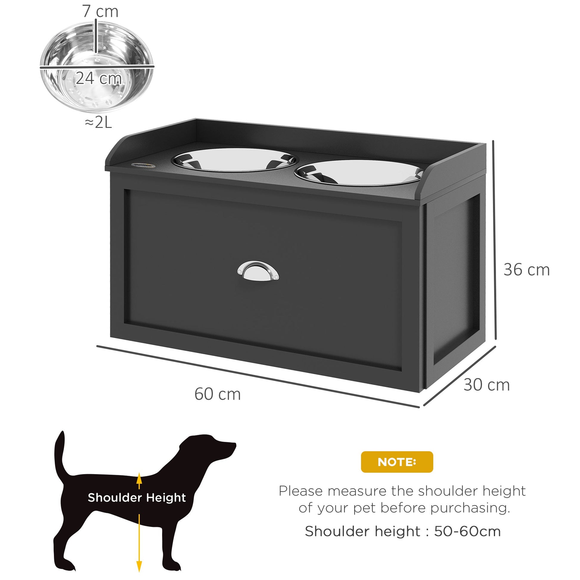 Stainless Steel Raised Dog Bowls, Double Dog Food and Water Bowl w/ 21L Storage Drawer, for Large Dogs - Black
