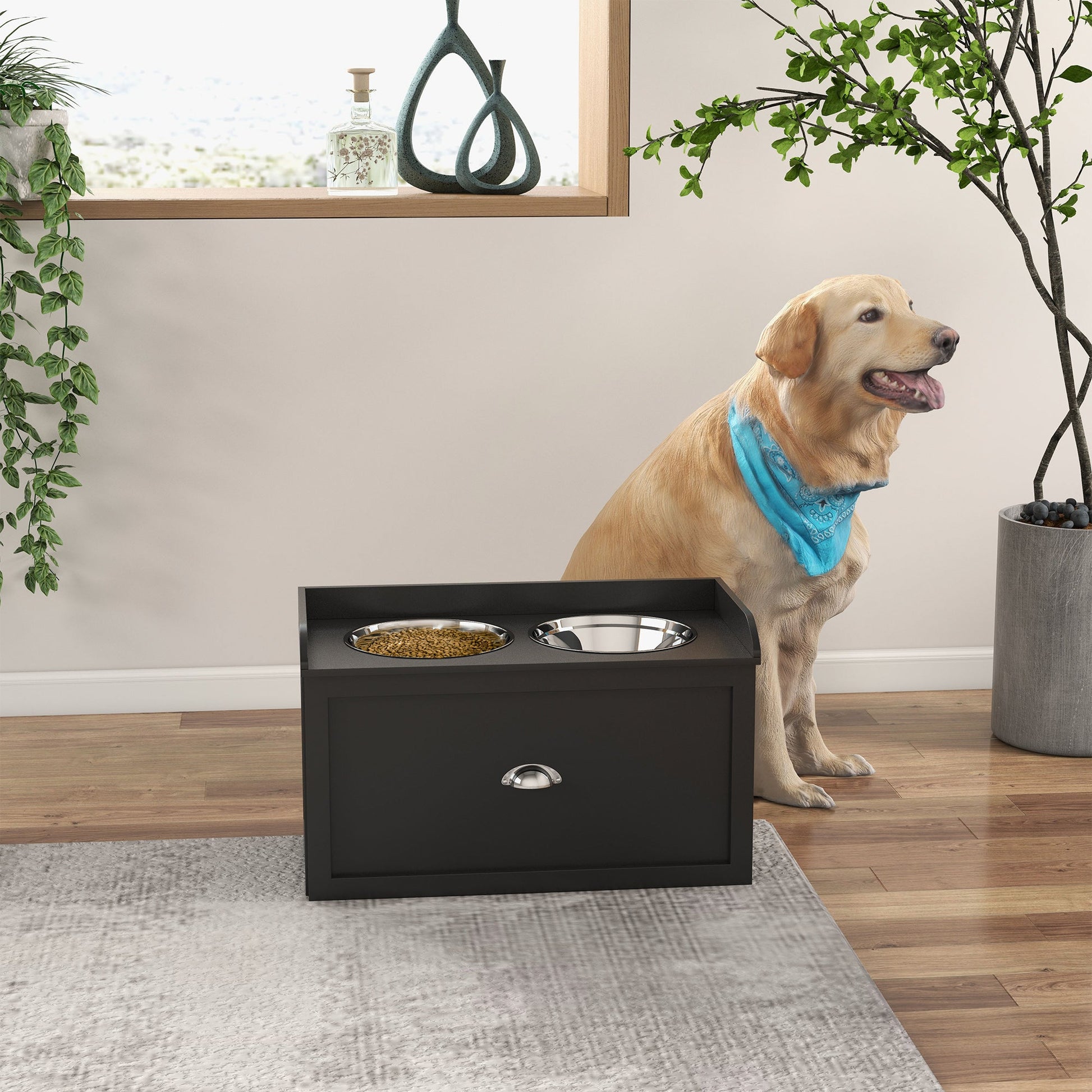 Stainless Steel Raised Dog Bowls, Double Dog Food and Water Bowl w/ 21L Storage Drawer, for Large Dogs - Black