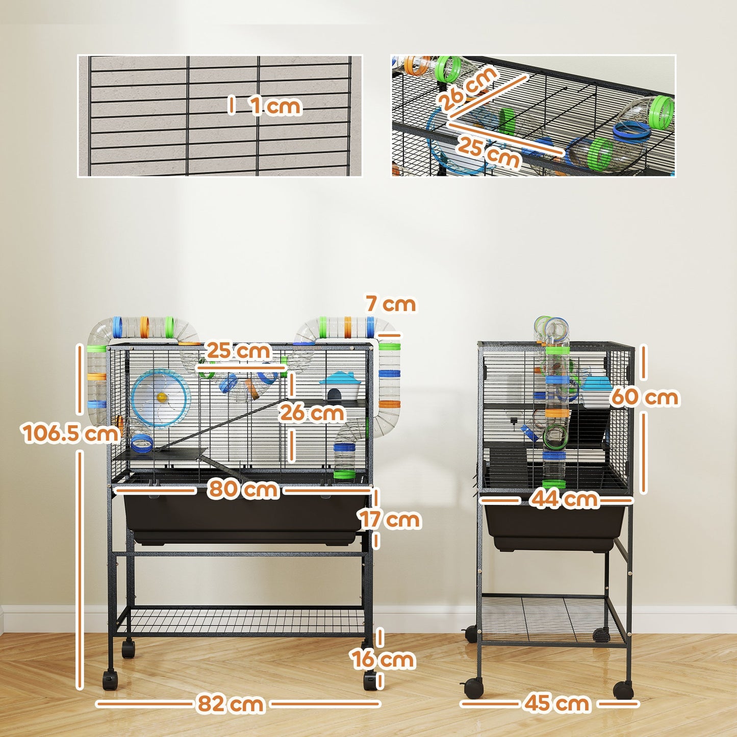 Hamster Cage, 3 Tier Large Gerbil Cage on Wheels with 17 cm Deep Tray, Storage Shelf, Big Exercise Wheel, Tube System, Hut, Platforms, Ramps, Food Dish, Water Bottle, for Syrian Hamsters, Rats
