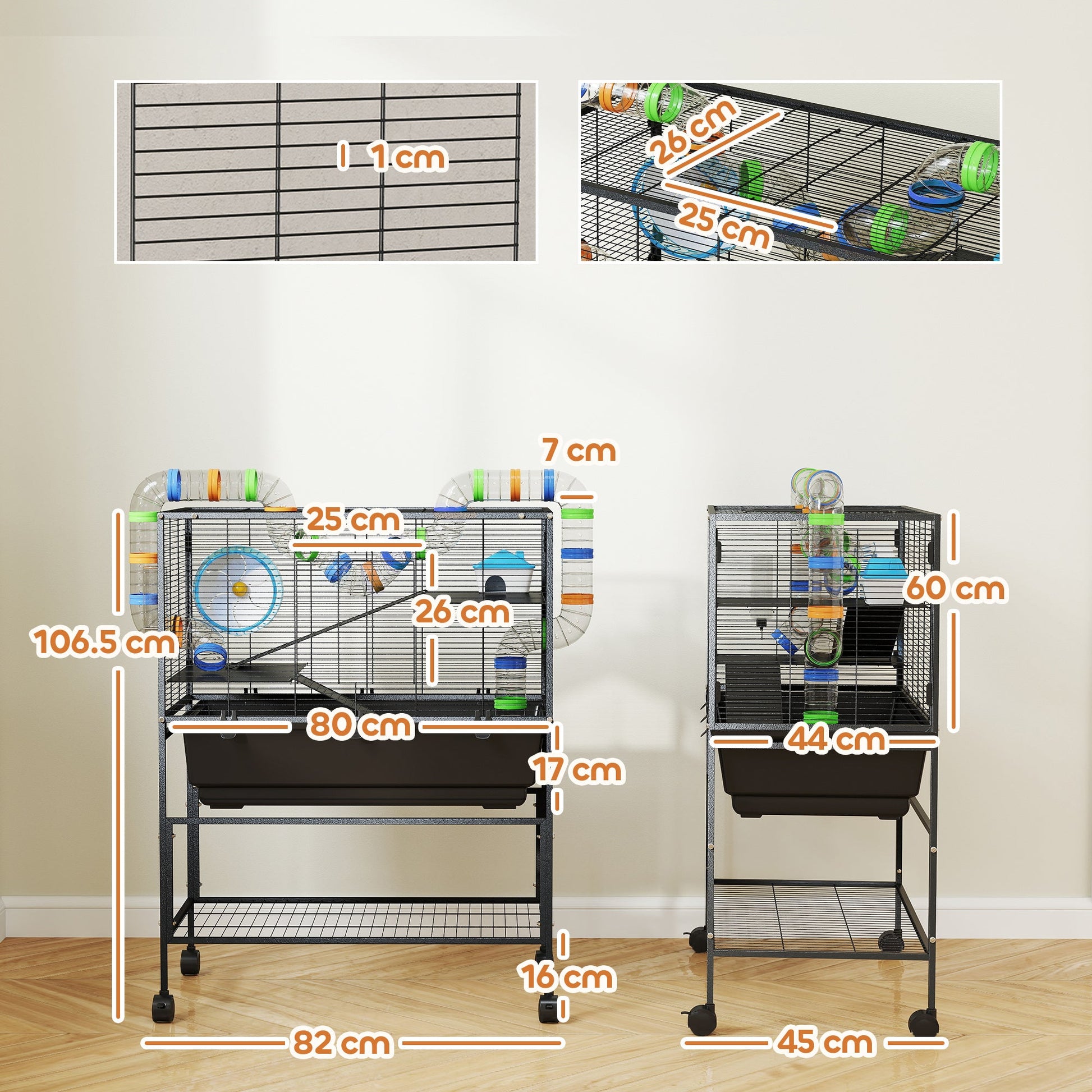 Hamster Cage, 3 Tier Large Gerbil Cage on Wheels with 17 cm Deep Tray, Storage Shelf, Big Exercise Wheel, Tube System, Hut, Platforms, Ramps, Food Dish, Water Bottle, for Syrian Hamsters, Rats
