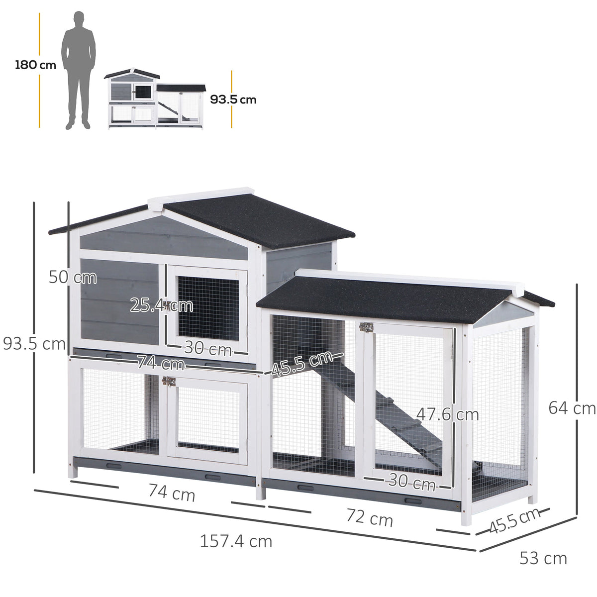 Rabbit Hutch Guinea Pig Hutch Wooden House with Run, 2 Tier Pet Cage Outdoor with No-leak Plastic Trays, 157.4 x 53 x 93.5cm, Grey