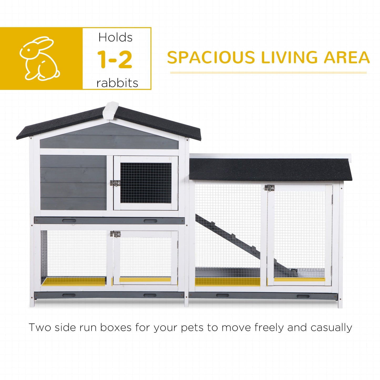 Rabbit Hutch Guinea Pig Hutch Wooden House with Run, 2 Tier Pet Cage Outdoor with No-leak Plastic Trays, 157.4 x 53 x 93.5cm, Grey