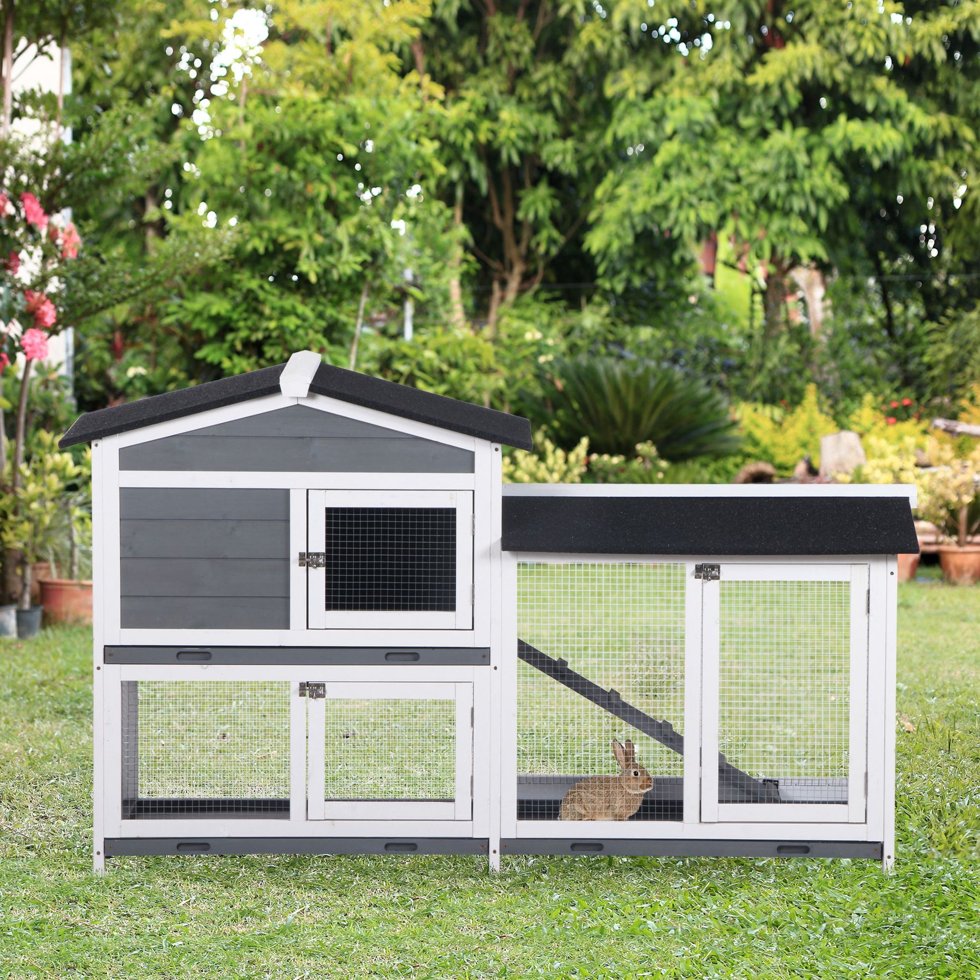 Rabbit Hutch Guinea Pig Hutch Wooden House with Run, 2 Tier Pet Cage Outdoor with No-leak Plastic Trays, 157.4 x 53 x 93.5cm, Grey