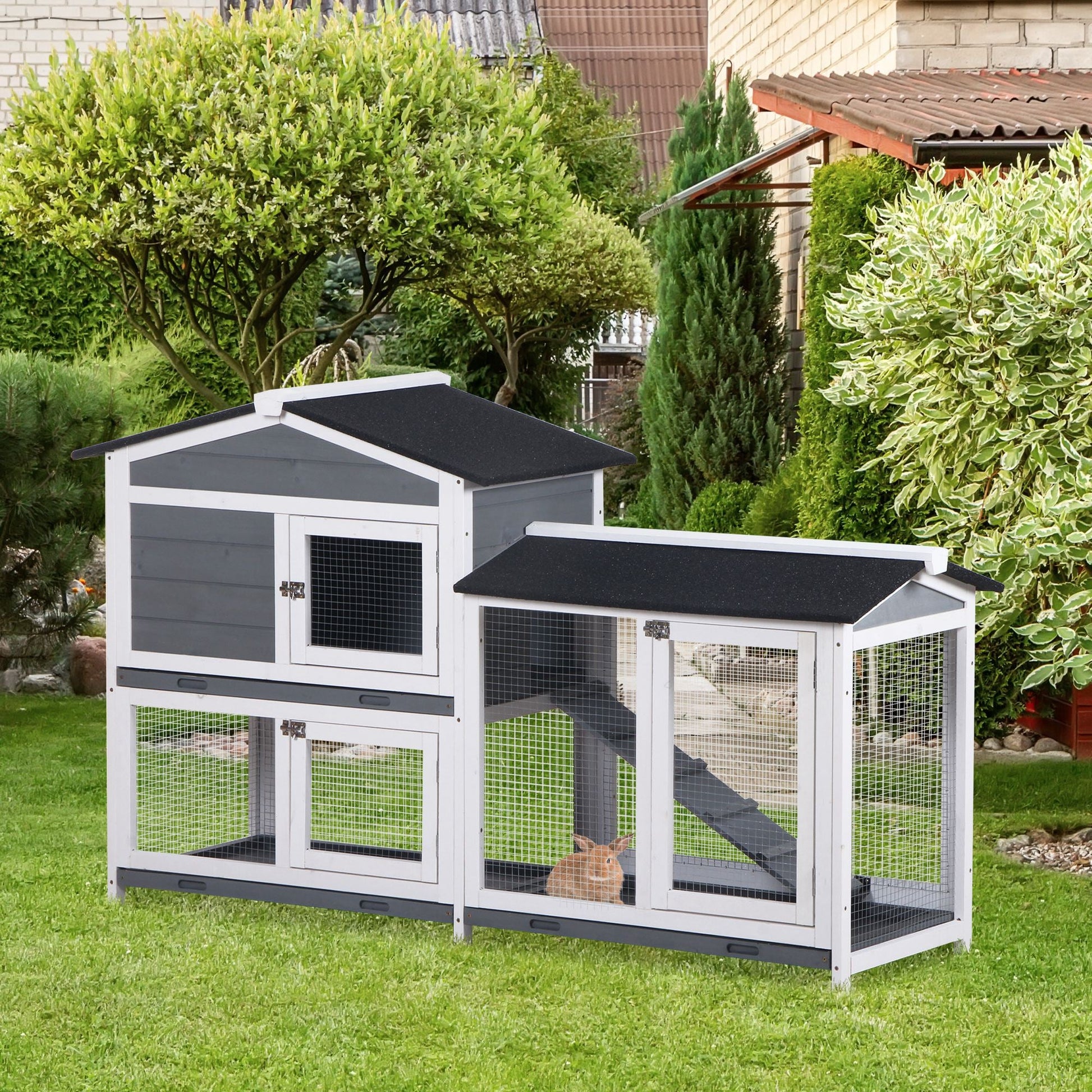 Rabbit Hutch Guinea Pig Hutch Wooden House with Run, 2 Tier Pet Cage Outdoor with No-leak Plastic Trays, 157.4 x 53 x 93.5cm, Grey