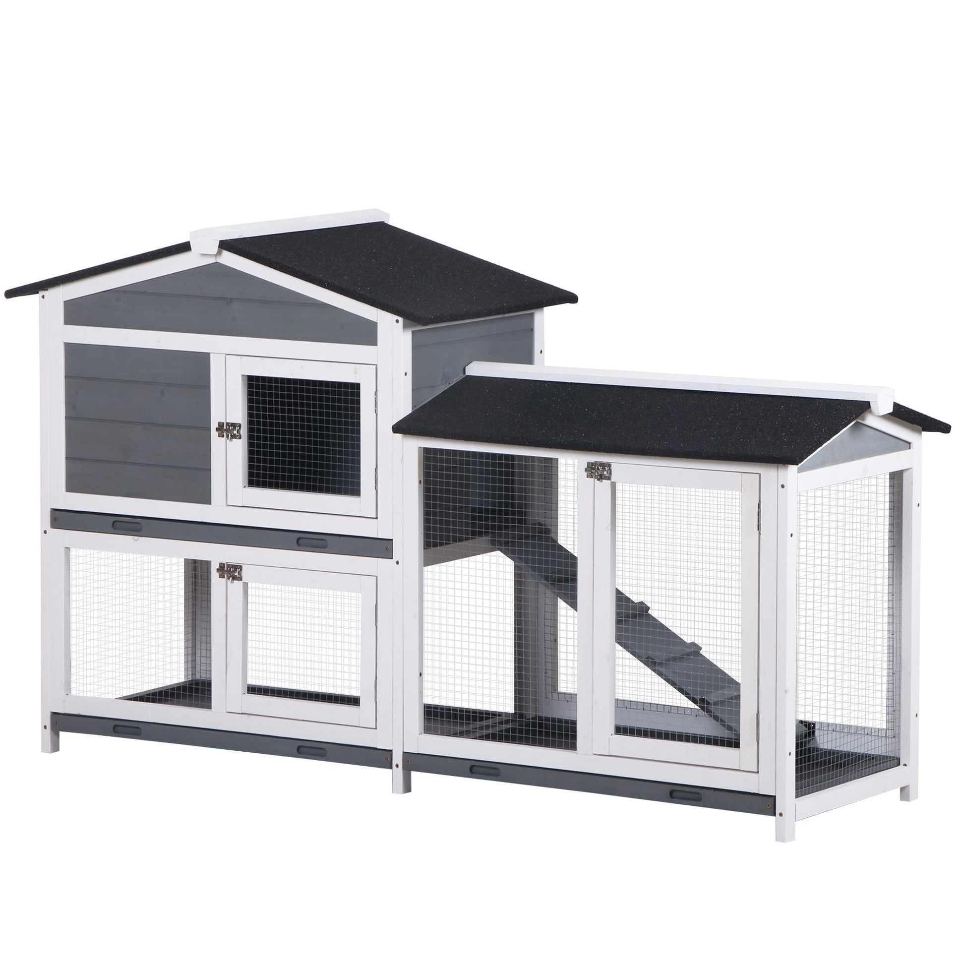 Rabbit Hutch Guinea Pig Hutch Wooden House with Run, 2 Tier Pet Cage Outdoor with No-leak Plastic Trays, 157.4 x 53 x 93.5cm, Grey