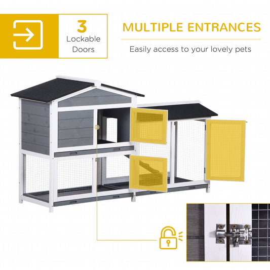 Rabbit Hutch Guinea Pig Hutch Wooden House with Run, 2 Tier Pet Cage Outdoor with No-leak Plastic Trays, 157.4 x 53 x 93.5cm, Grey
