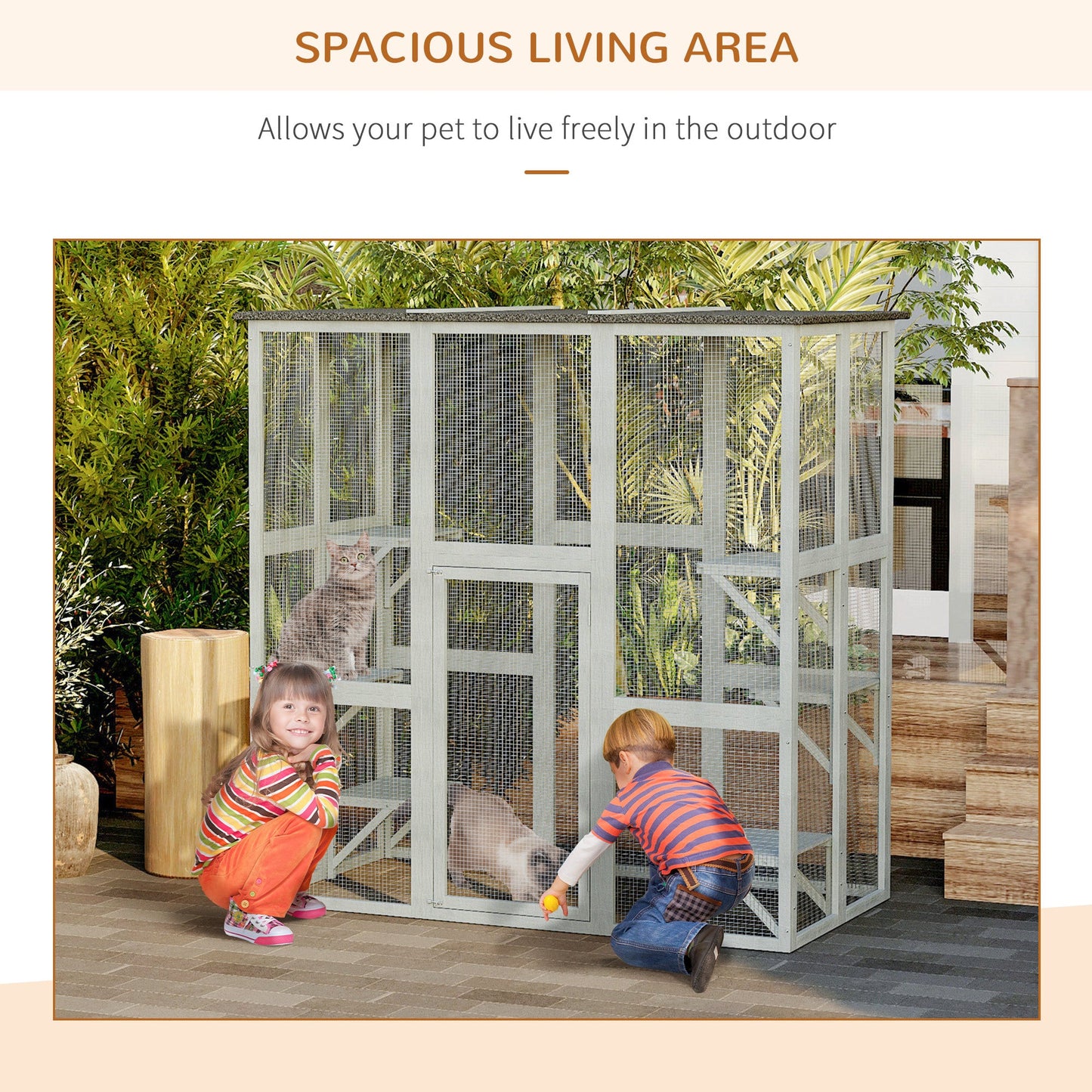 Large Outdoor Cat House, Walk-in Cat Enclosure, Wooden Catio with 6 Jumping Platforms, Waterproof Asphalt Roof