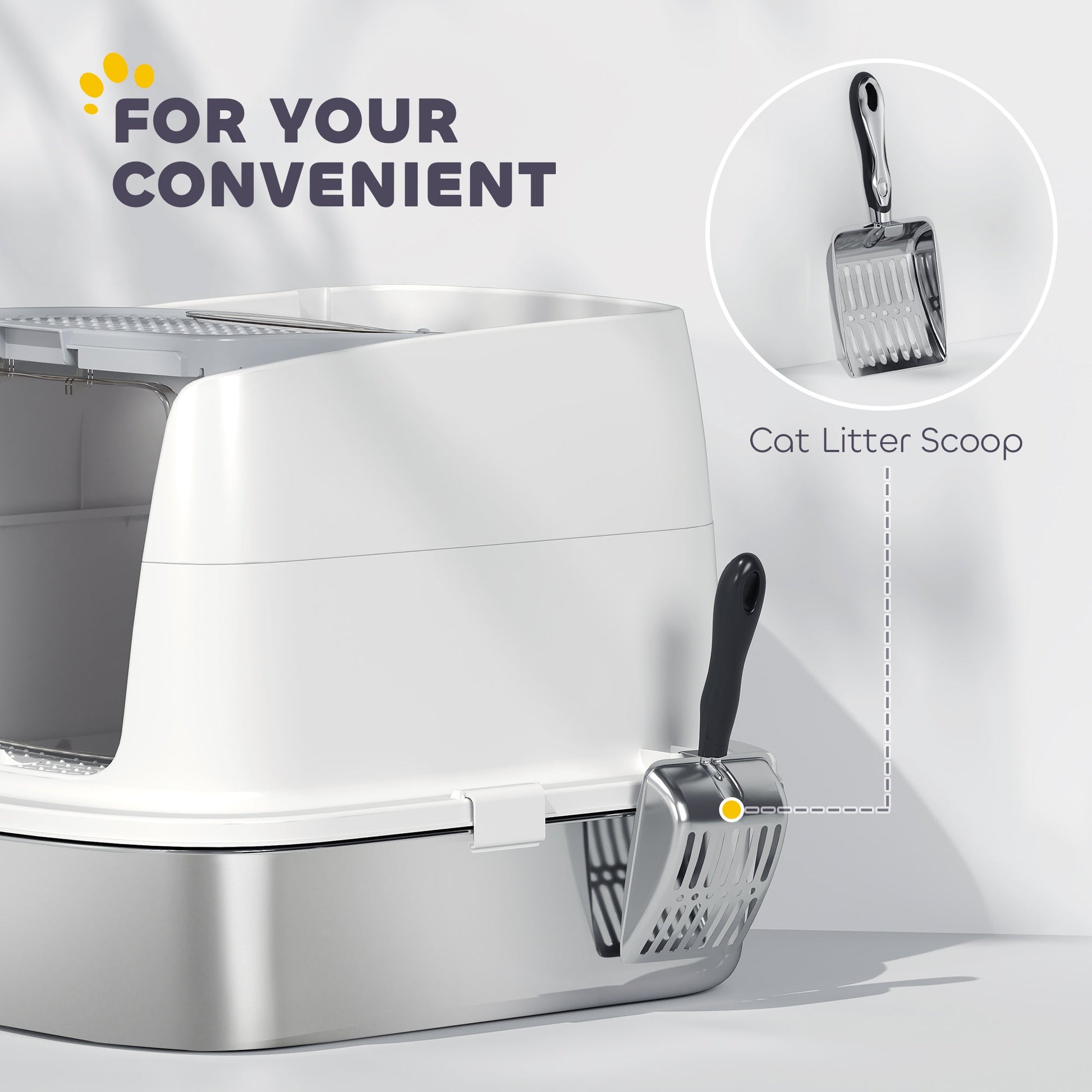 Stainless Steel Litter Box with Lid, Large Hooded Cat Litter Tray with Flip Cover, Metal Scoop, Deodoriser Bag, Non-Sticky, Odour Control and Easy Clean, White