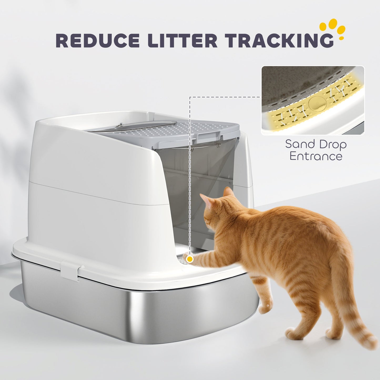 Stainless Steel Litter Box with Lid, Large Hooded Cat Litter Tray with Flip Cover, Metal Scoop, Deodoriser Bag, Non-Sticky, Odour Control and Easy Clean, White
