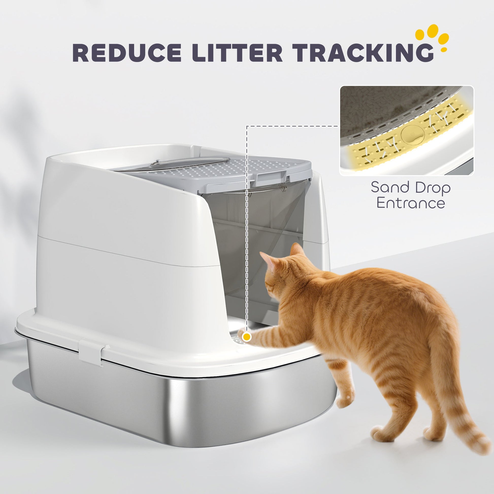 Stainless Steel Litter Box with Lid, Large Hooded Cat Litter Tray with Flip Cover, Metal Scoop, Deodoriser Bag, Non-Sticky, Odour Control and Easy Clean, White