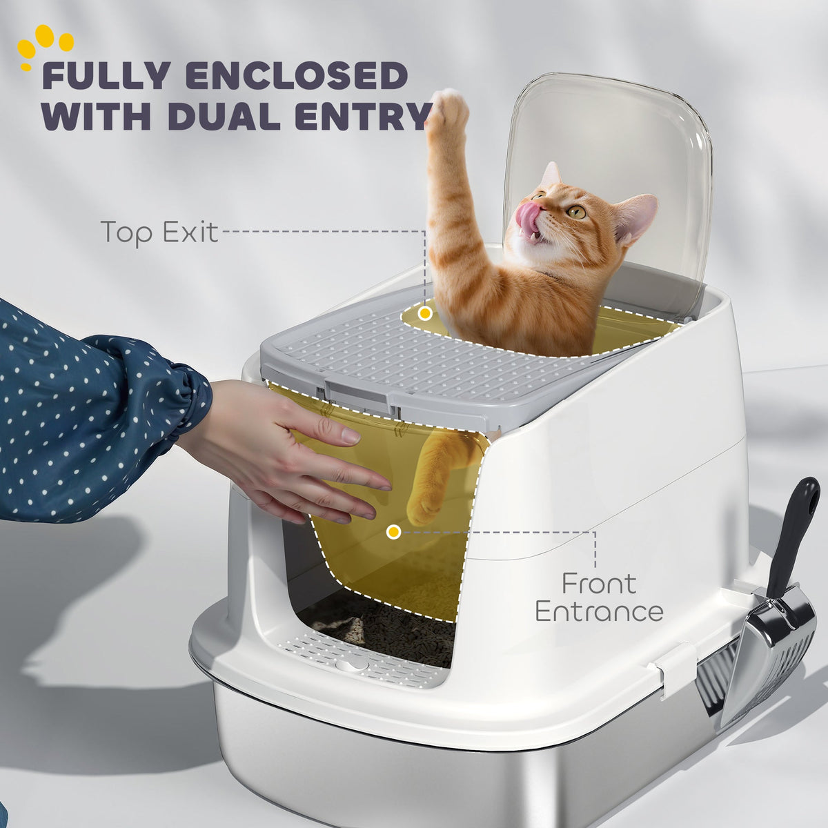 Stainless Steel Litter Box with Lid, Large Hooded Cat Litter Tray with Flip Cover, Metal Scoop, Deodoriser Bag, Non-Sticky, Odour Control and Easy Clean, White