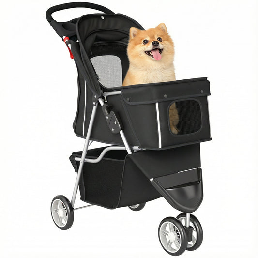 Dog Stroller, 3 Wheels Foldable Cat Dog Pram with Cup Holder, Storage Basket, Pet Stroller for Small Miniature Dogs, Black