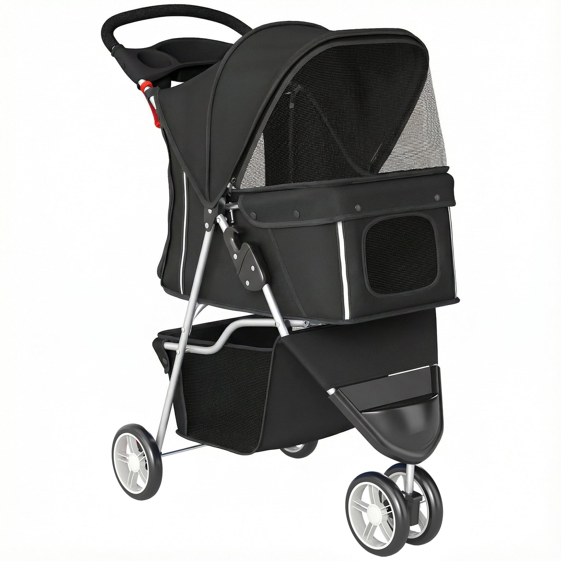 Dog Stroller, 3 Wheels Foldable Cat Dog Pram with Cup Holder, Storage Basket, Pet Stroller for Small Miniature Dogs, Black