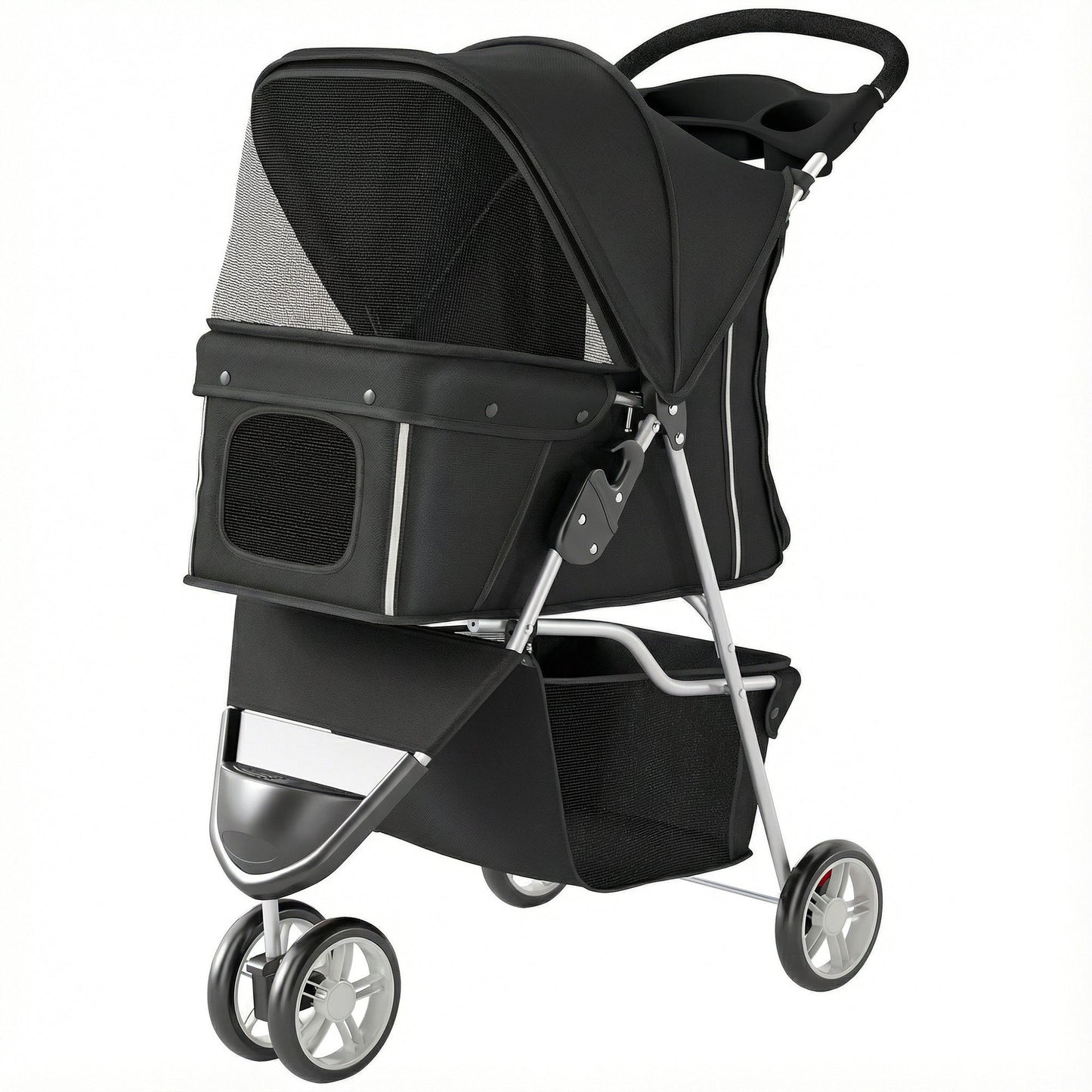 Dog Stroller, 3 Wheels Foldable Cat Dog Pram with Cup Holder, Storage Basket, Pet Stroller for Small Miniature Dogs, Black