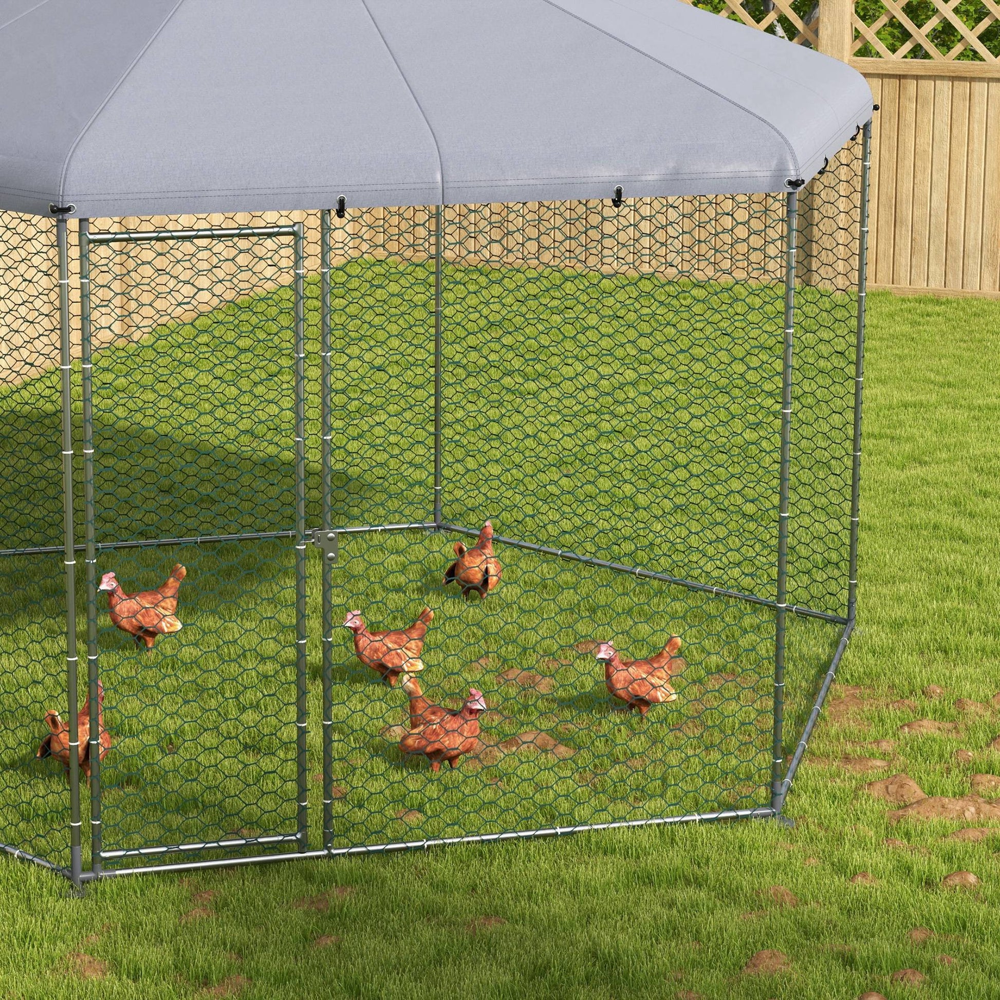 Walk in Chicken Run Chicken Coop Galvanised Outdoor Poultry Cage w/ Cover, for 10-15 Chickens, Hens, Rabbits, Ducks, 4 x 3.5 x 2.6m - Silver Tone