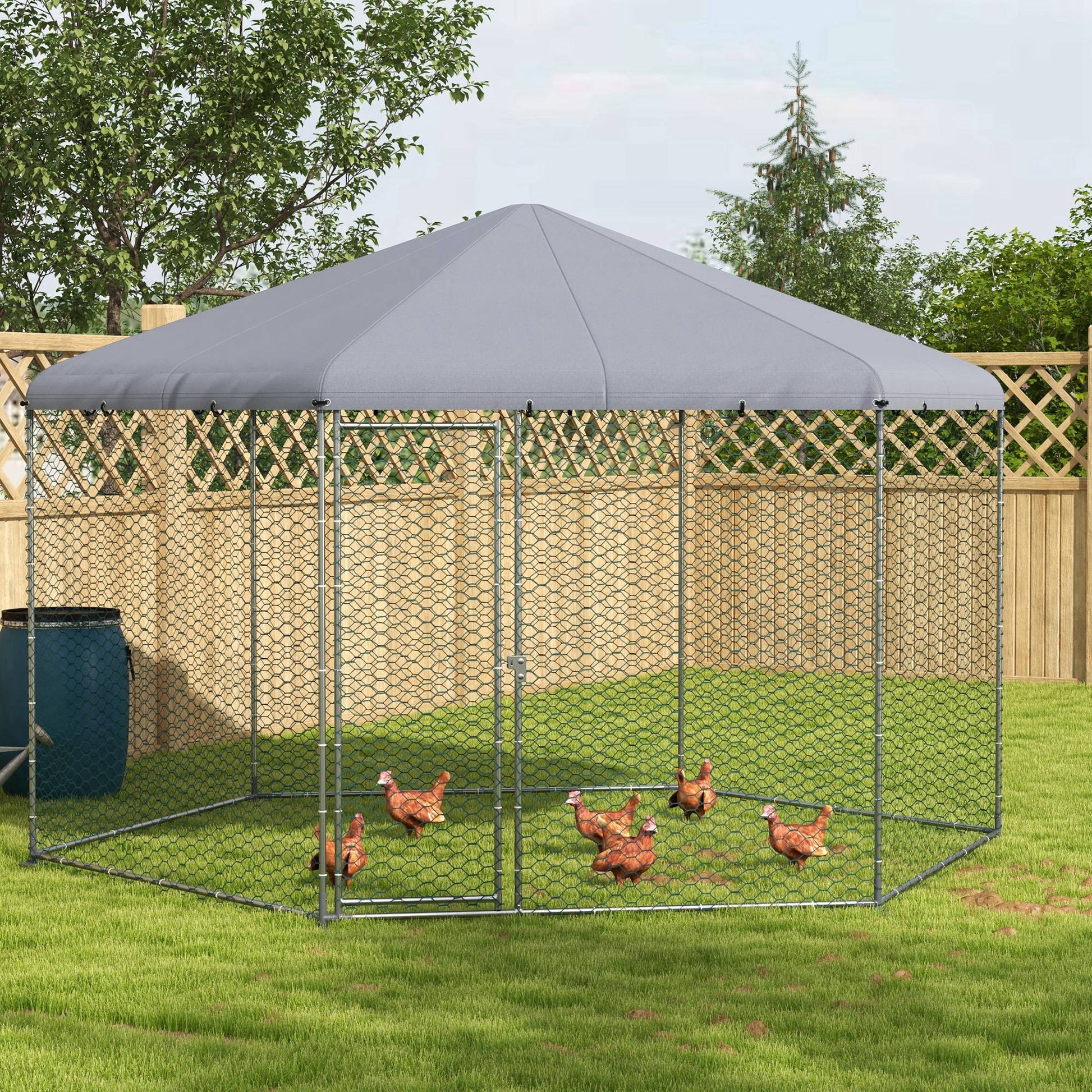 Walk in Chicken Run Chicken Coop Galvanised Outdoor Poultry Cage w/ Cover, for 10-15 Chickens, Hens, Rabbits, Ducks, 4 x 3.5 x 2.6m - Silver Tone