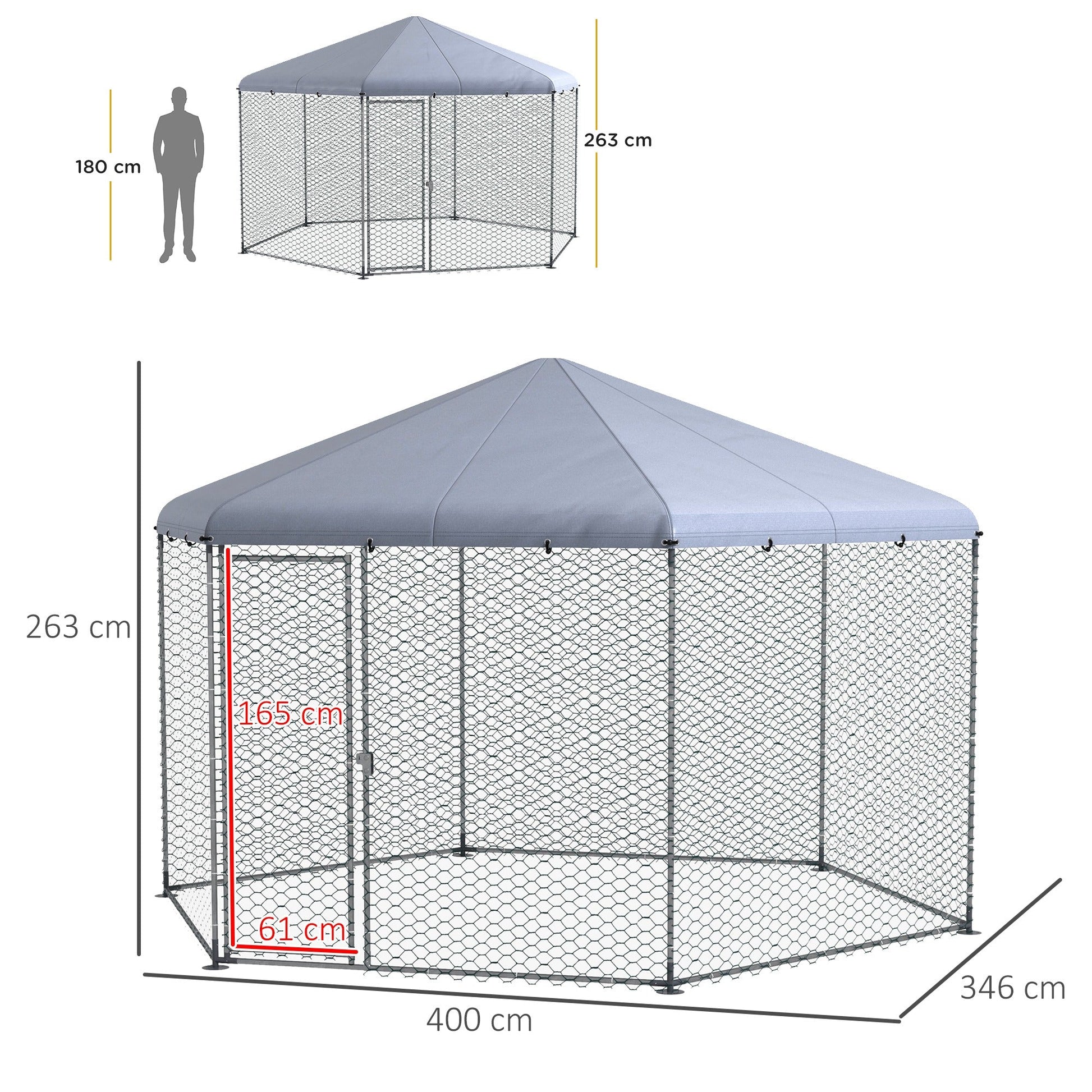 Walk in Chicken Run Chicken Coop Galvanised Outdoor Poultry Cage w/ Cover, for 10-15 Chickens, Hens, Rabbits, Ducks, 4 x 3.5 x 2.6m - Silver Tone