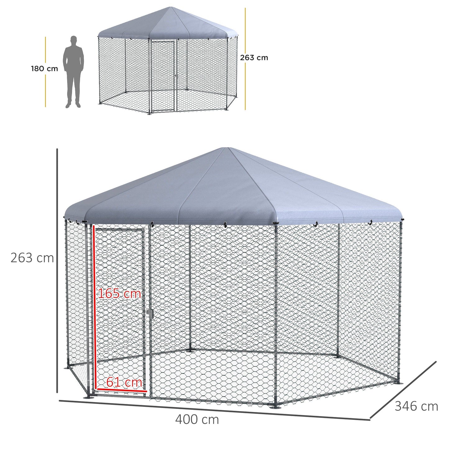 Walk in Chicken Run Chicken Coop Galvanised Outdoor Poultry Cage w/ Cover, for 10-15 Chickens, Hens, Rabbits, Ducks, 4 x 3.5 x 2.6m - Silver Tone