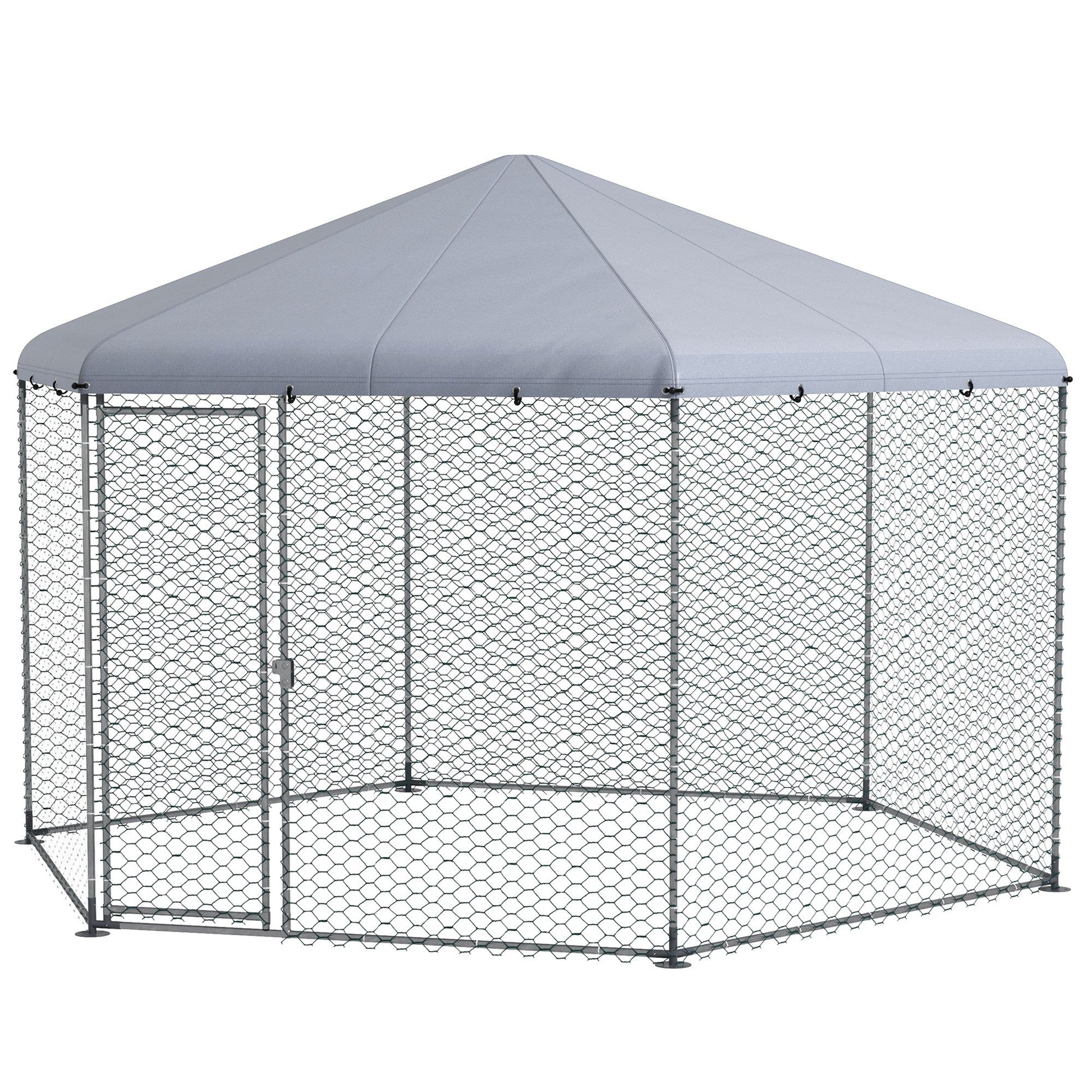 Walk in Chicken Run Chicken Coop Galvanised Outdoor Poultry Cage w/ Cover, for 10-15 Chickens, Hens, Rabbits, Ducks, 4 x 3.5 x 2.6m - Silver Tone