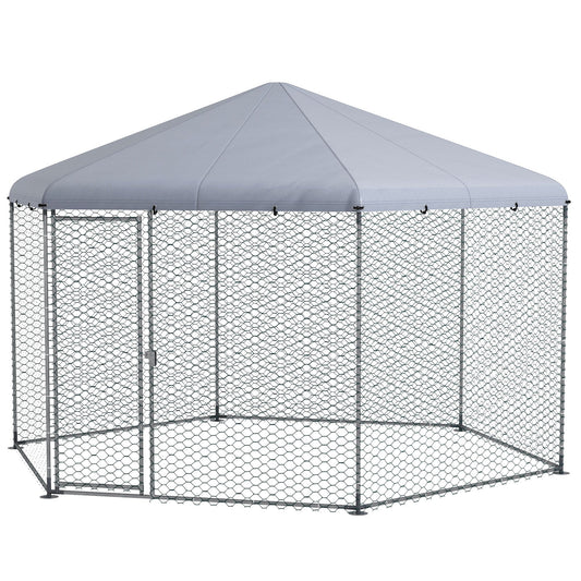 Walk in Chicken Run Chicken Coop Galvanised Outdoor Poultry Cage w/ Cover, for 10-15 Chickens, Hens, Rabbits, Ducks, 4 x 3.5 x 2.6m - Silver Tone