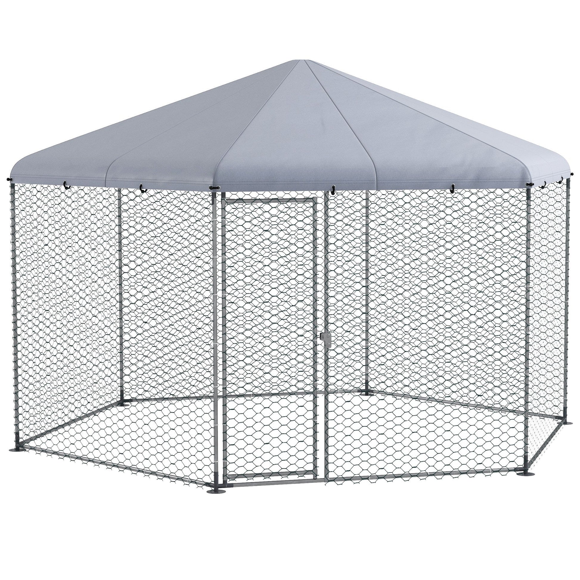 Walk in Chicken Run Chicken Coop Galvanised Outdoor Poultry Cage w/ Cover, for 10-15 Chickens, Hens, Rabbits, Ducks, 4 x 3.5 x 2.6m - Silver Tone