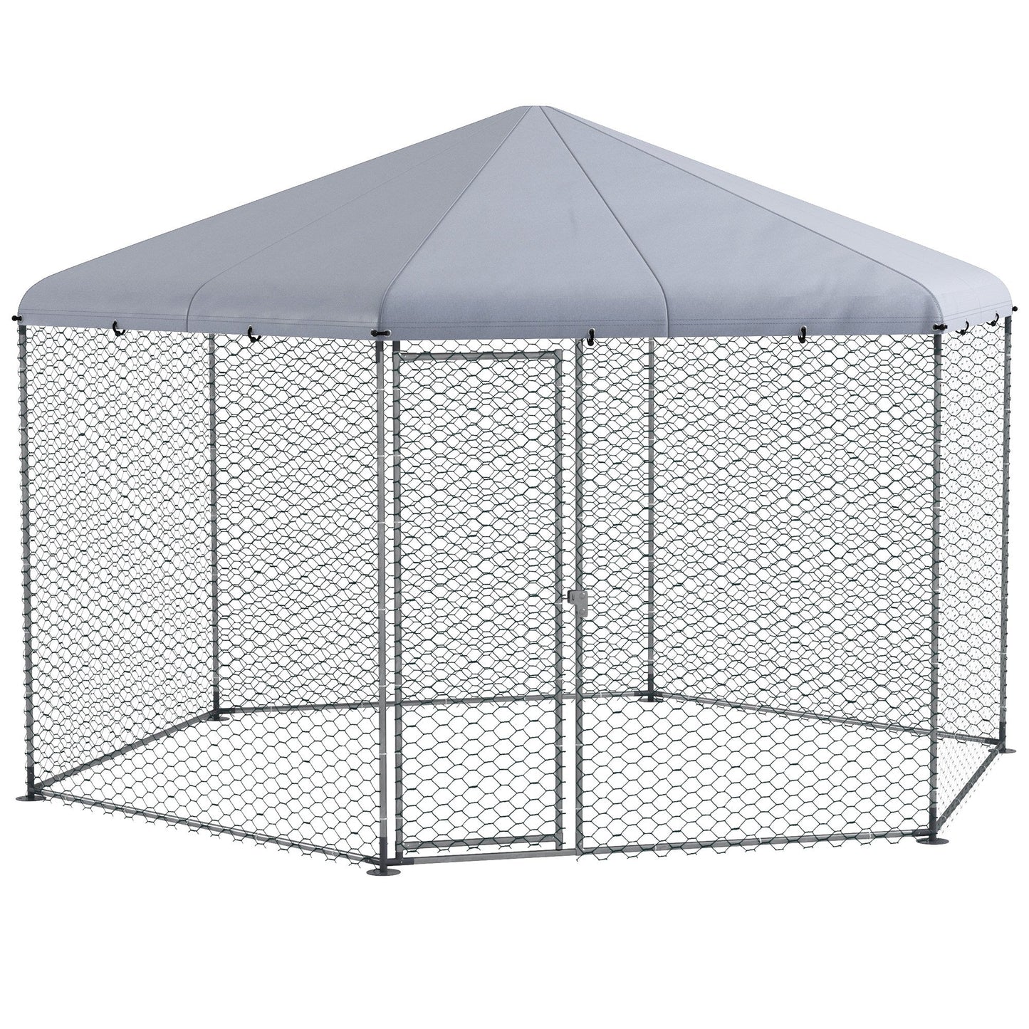 Walk in Chicken Run Chicken Coop Galvanised Outdoor Poultry Cage w/ Cover, for 10-15 Chickens, Hens, Rabbits, Ducks, 4 x 3.5 x 2.6m - Silver Tone