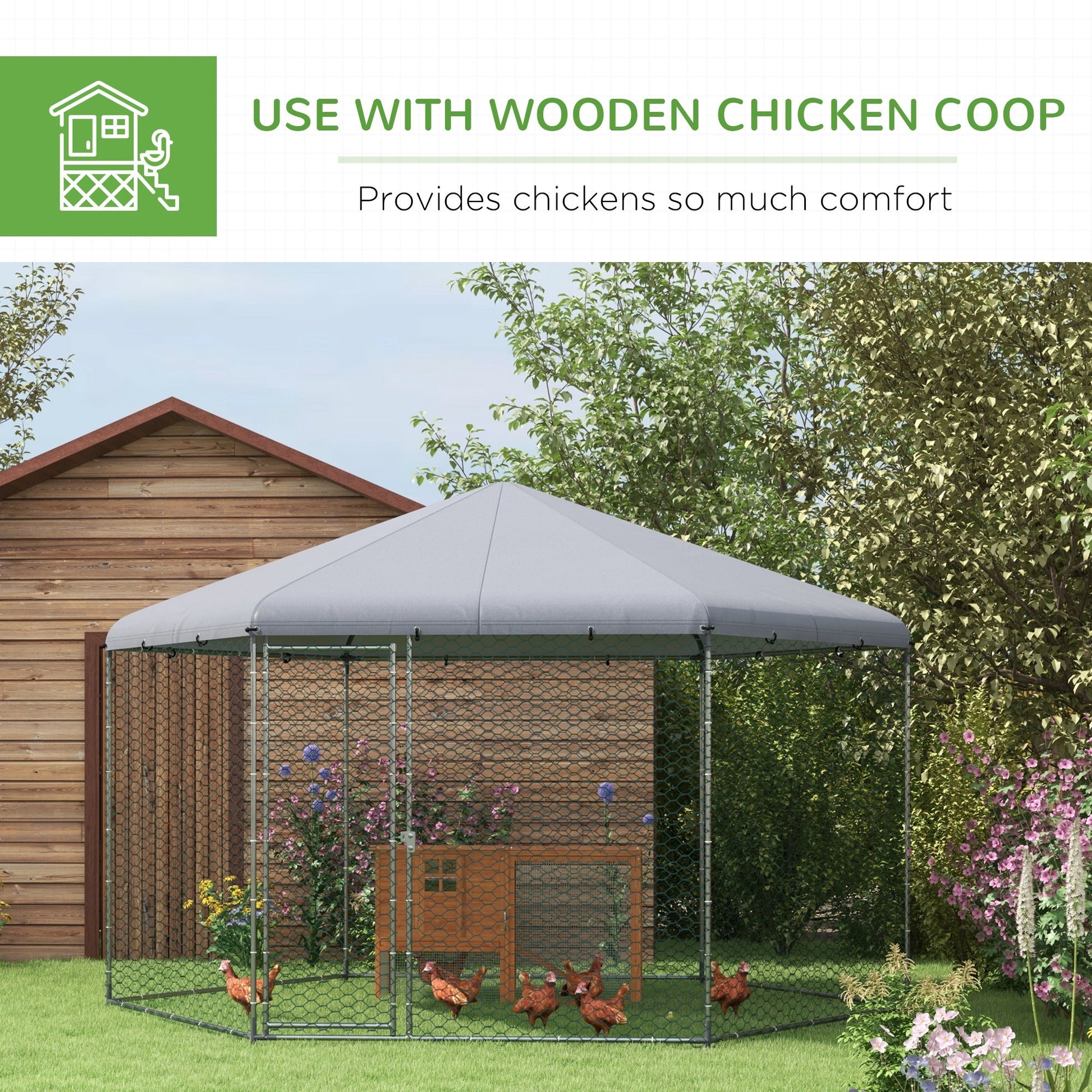 Walk in Chicken Run Chicken Coop Galvanised Outdoor Poultry Cage w/ Cover, for 10-15 Chickens, Hens, Rabbits, Ducks, 4 x 3.5 x 2.6m - Silver Tone