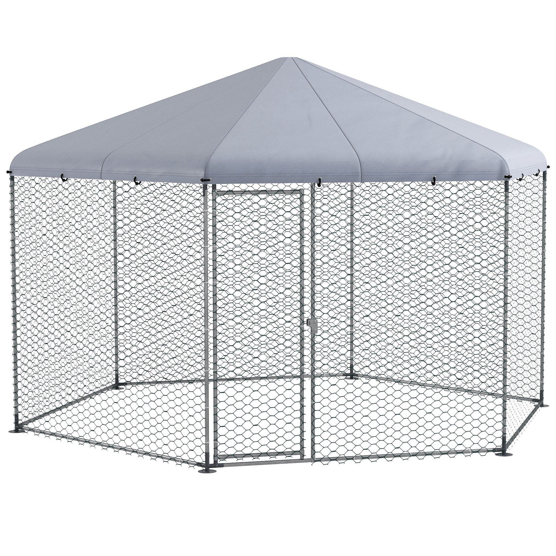 Walk in Chicken Run Chicken Coop Galvanised Outdoor Poultry Cage w/ Cover, for 10-15 Chickens, Hens, Rabbits, Ducks, 4 x 3.5 x 2.6m - Silver Tone