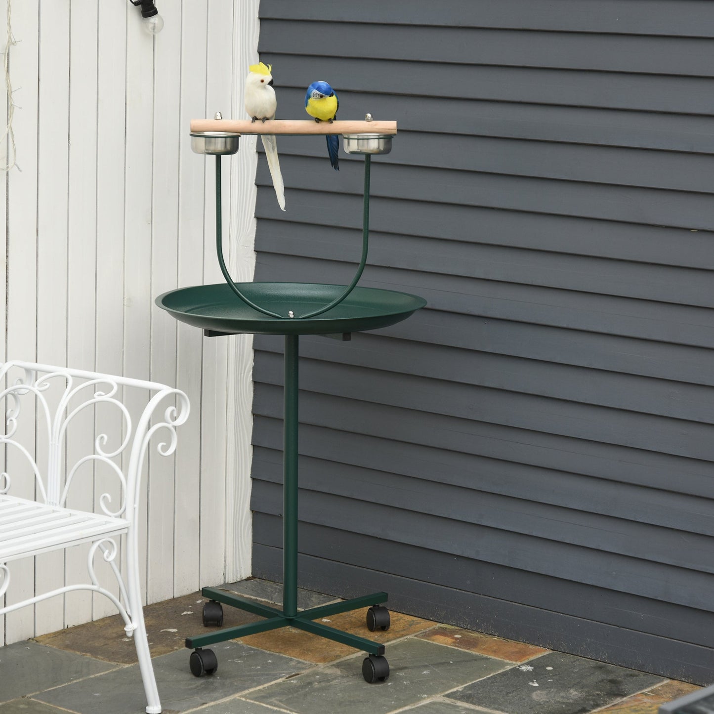Bird Perch Stand, T-Stand Bird Training with Perch, Four Wheels, Feeding Bowls, Parrot Stand for Small, Medium Birds, Green