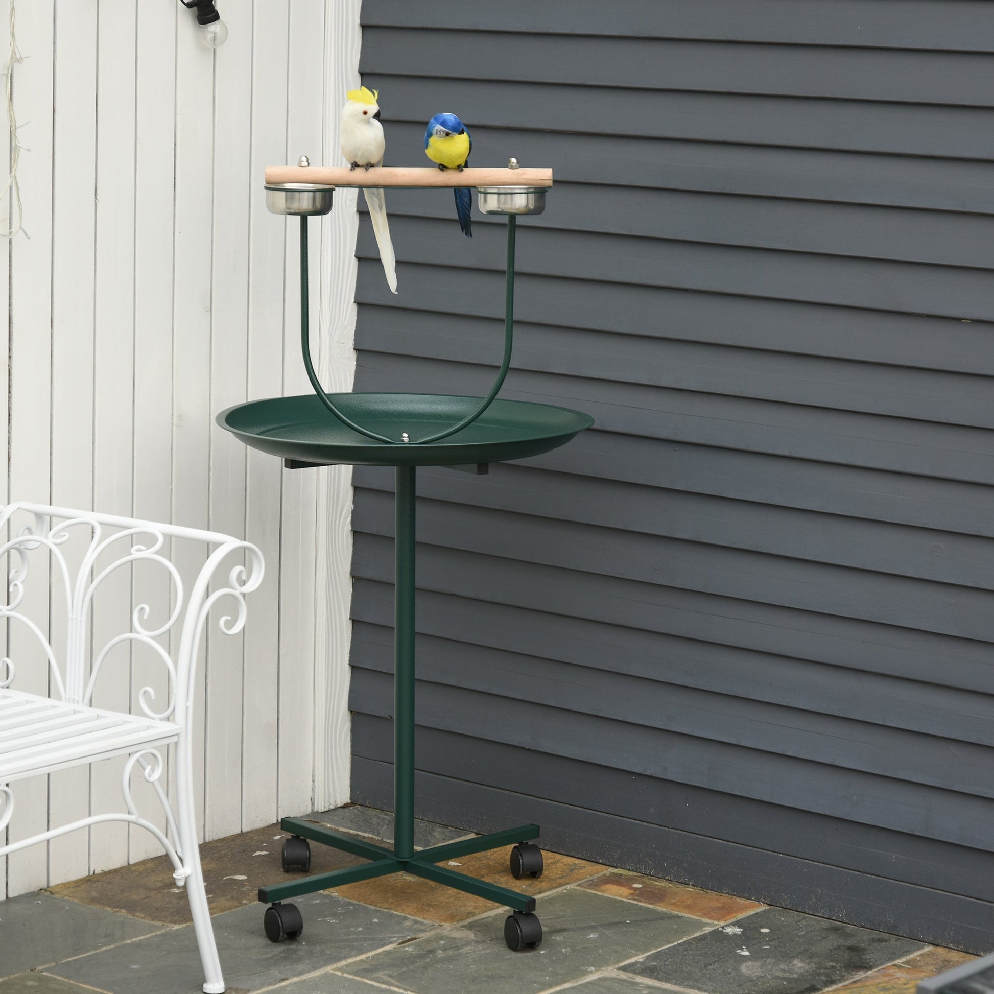 Bird Perch Stand, T-Stand Bird Training with Perch, Four Wheels, Feeding Bowls, Parrot Stand for Small, Medium Birds, Green