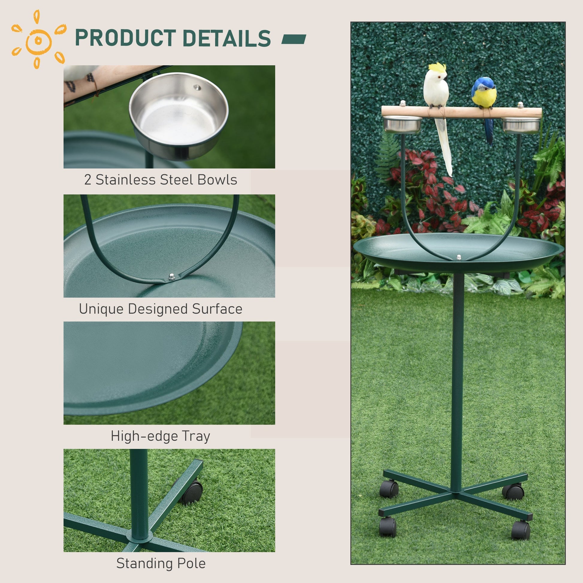 Bird Perch Stand, T-Stand Bird Training with Perch, Four Wheels, Feeding Bowls, Parrot Stand for Small, Medium Birds, Green