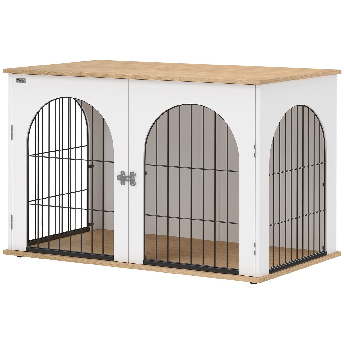 Dog Crate Furniture, Indoor Dog Cage with Double Doors for Large Breeds, Pet Kennel End Side Table with Arched Door Design, 100 x 60 x 69 cm, White